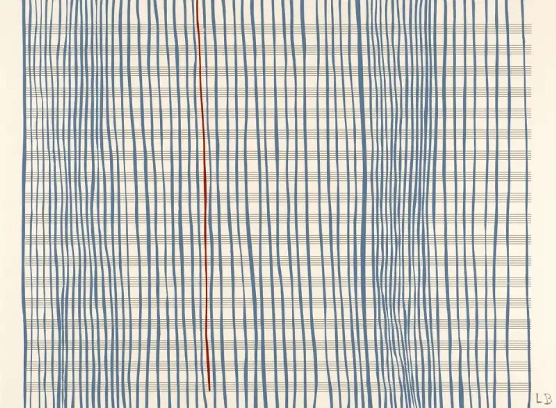 Louise Bourgeois’ Untitled #1. A screenprint of vertical blue lines against a pattern of horizontal lines
