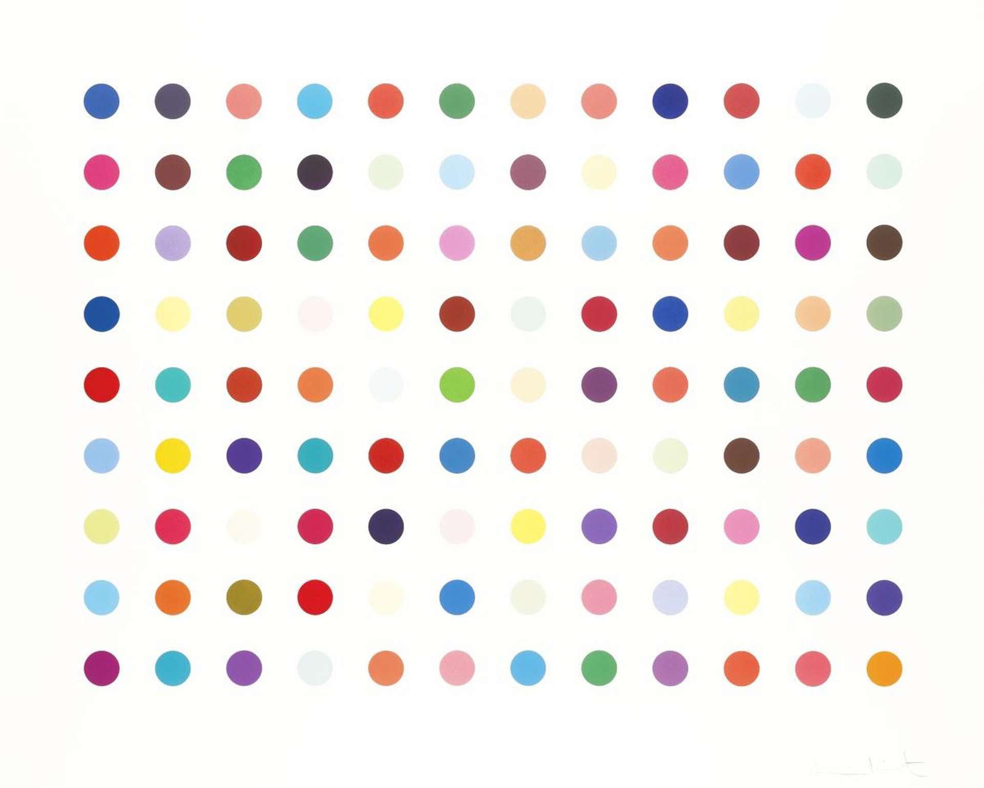  An artwork by Damien Hirst displaying a grid of evenly spaced multicoloured dots arranged in columns and rows.