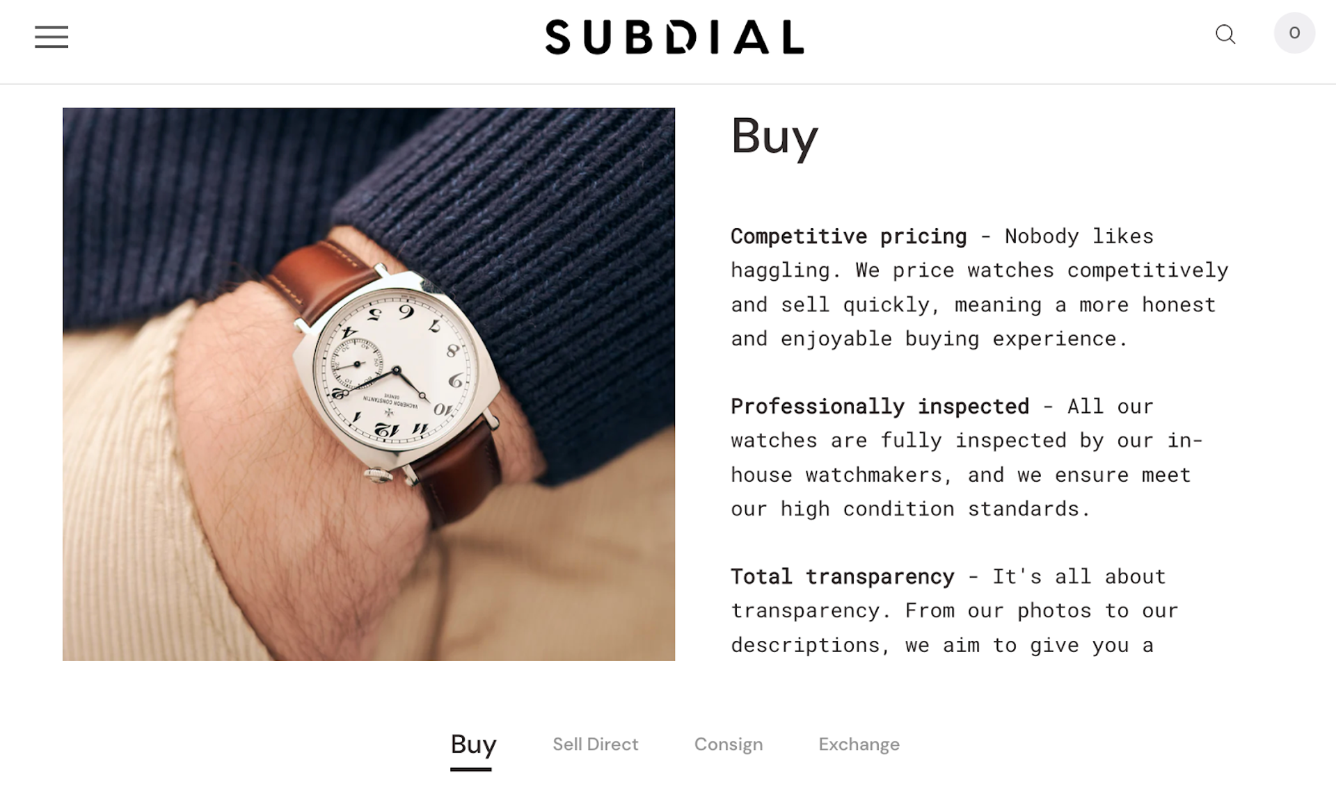 An image of the landing page for the Subdial “About Us” section. It shows some text alongside an image of a man’s wrist with a watch.