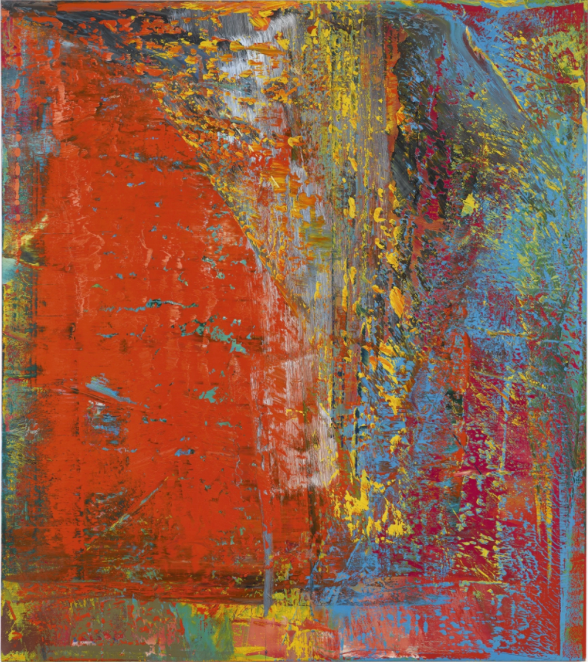 Abstract painting by Gerhard Richter, depicting abstract forms in red, blue, crimson, yellow, green and grey. These shapes trace the artist's movement during the production of the artwork.