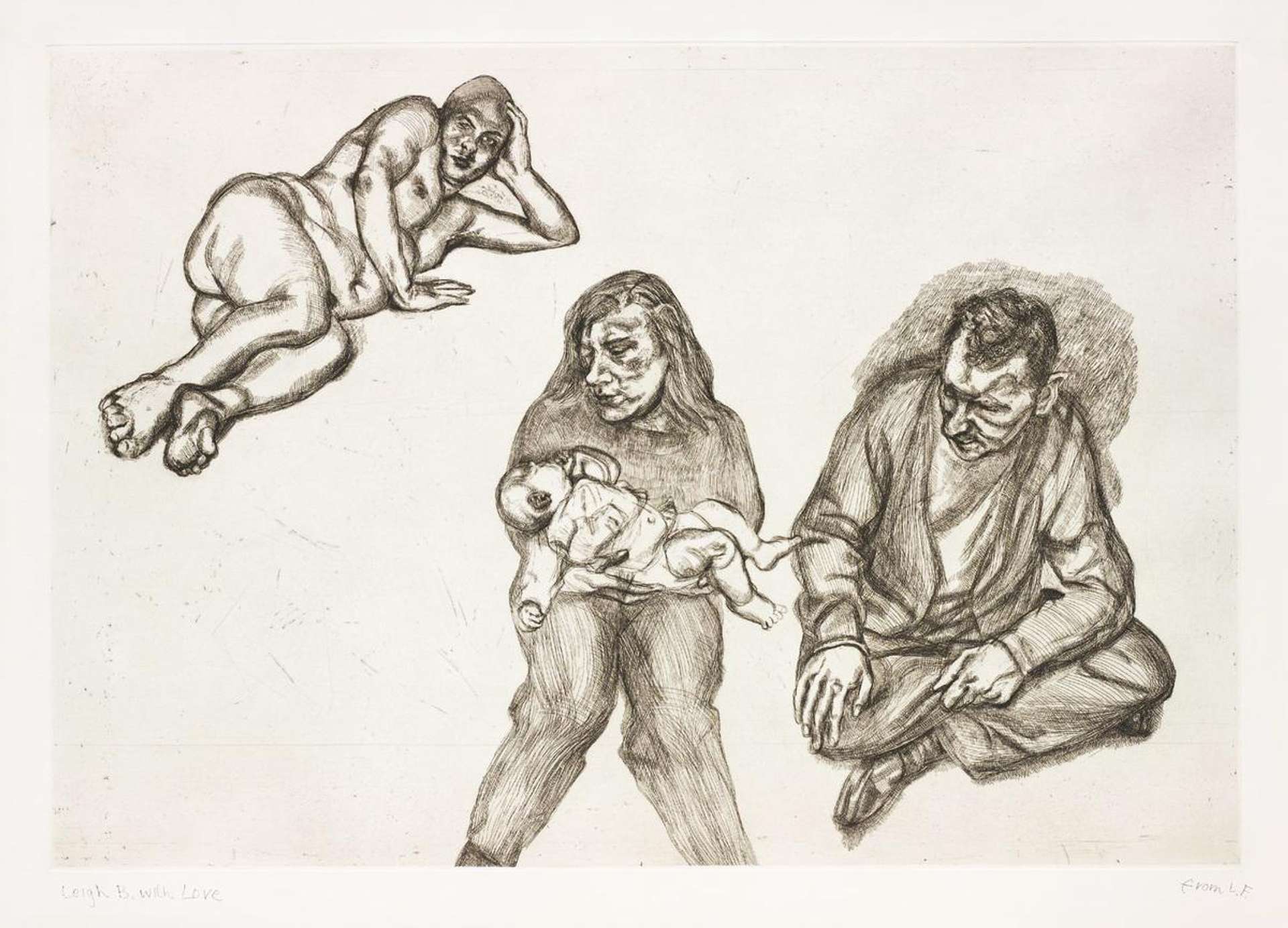 An image of the print Four Figures by Lucian Freud. It shows four human figures, one of which is nude, the other a mother with her baby, and finally a fully clothed man. The sketch is done in monochrome.