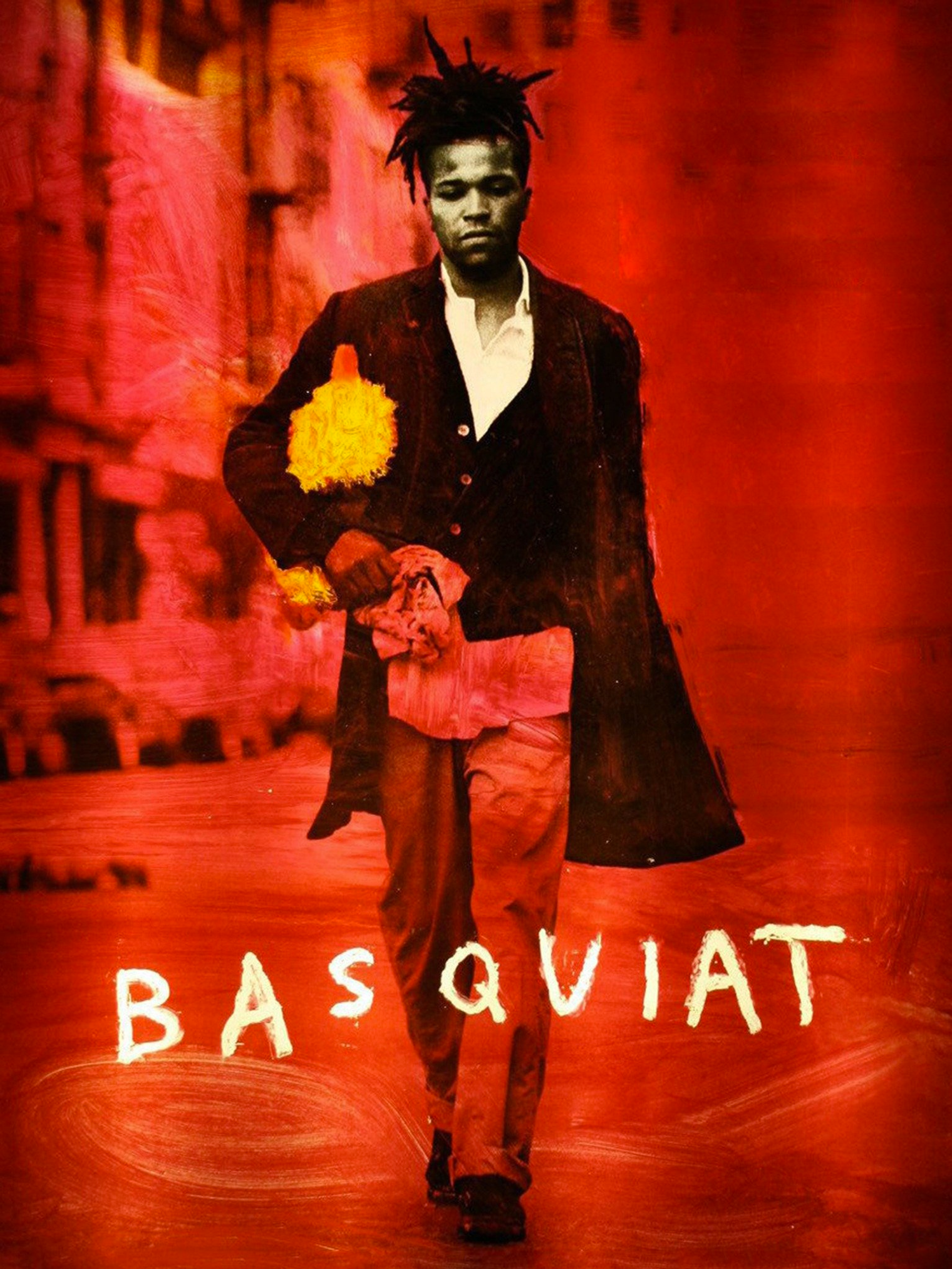 An image of the poster for Basquiat (1996) by Julian Schnabel. It shows the artist, depicted in monochrome, walking the streets of New York against a red background.