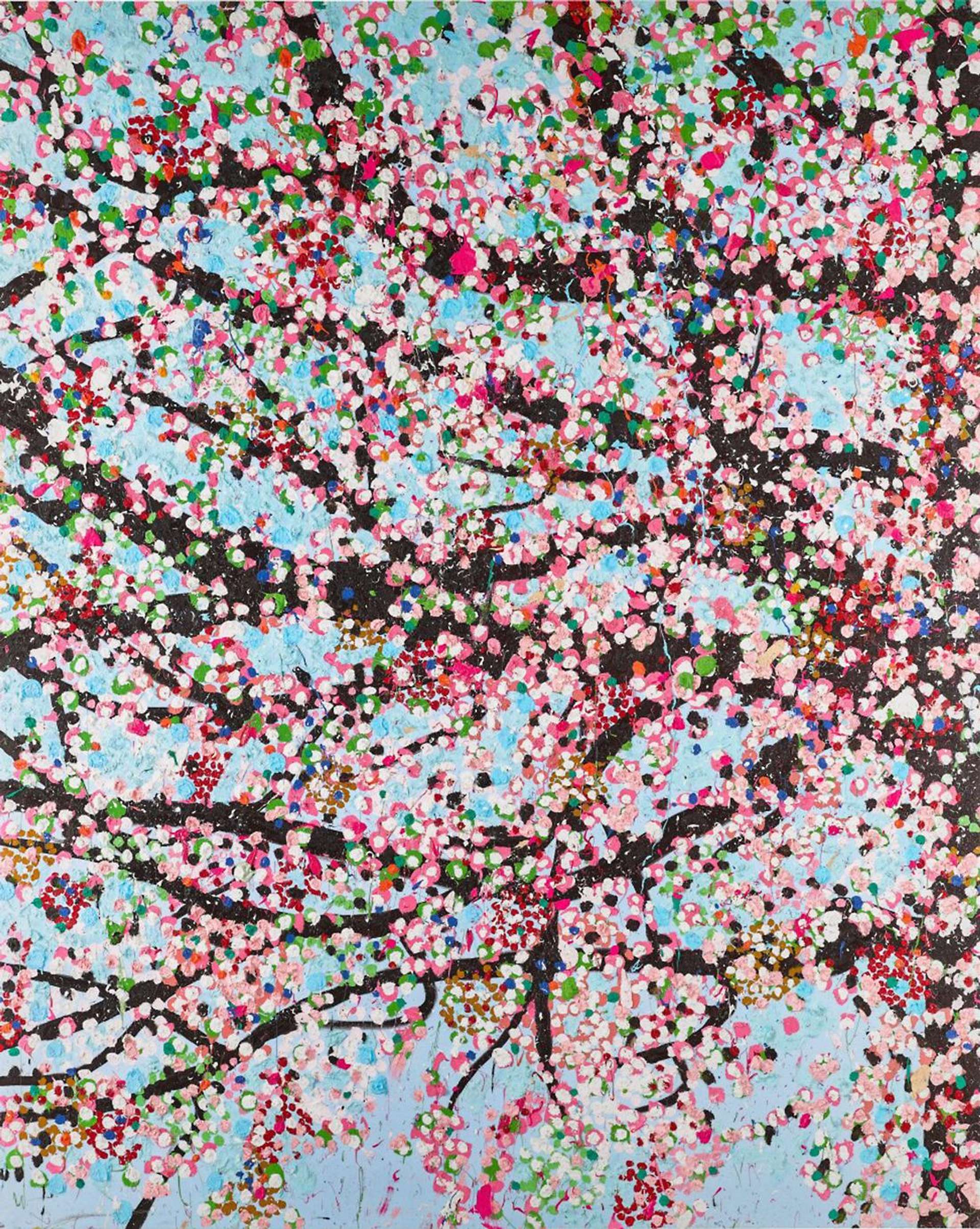 A depiction of a cherry blossom tree against a blue background. The blossoms are delineated with green, pink and white spots.