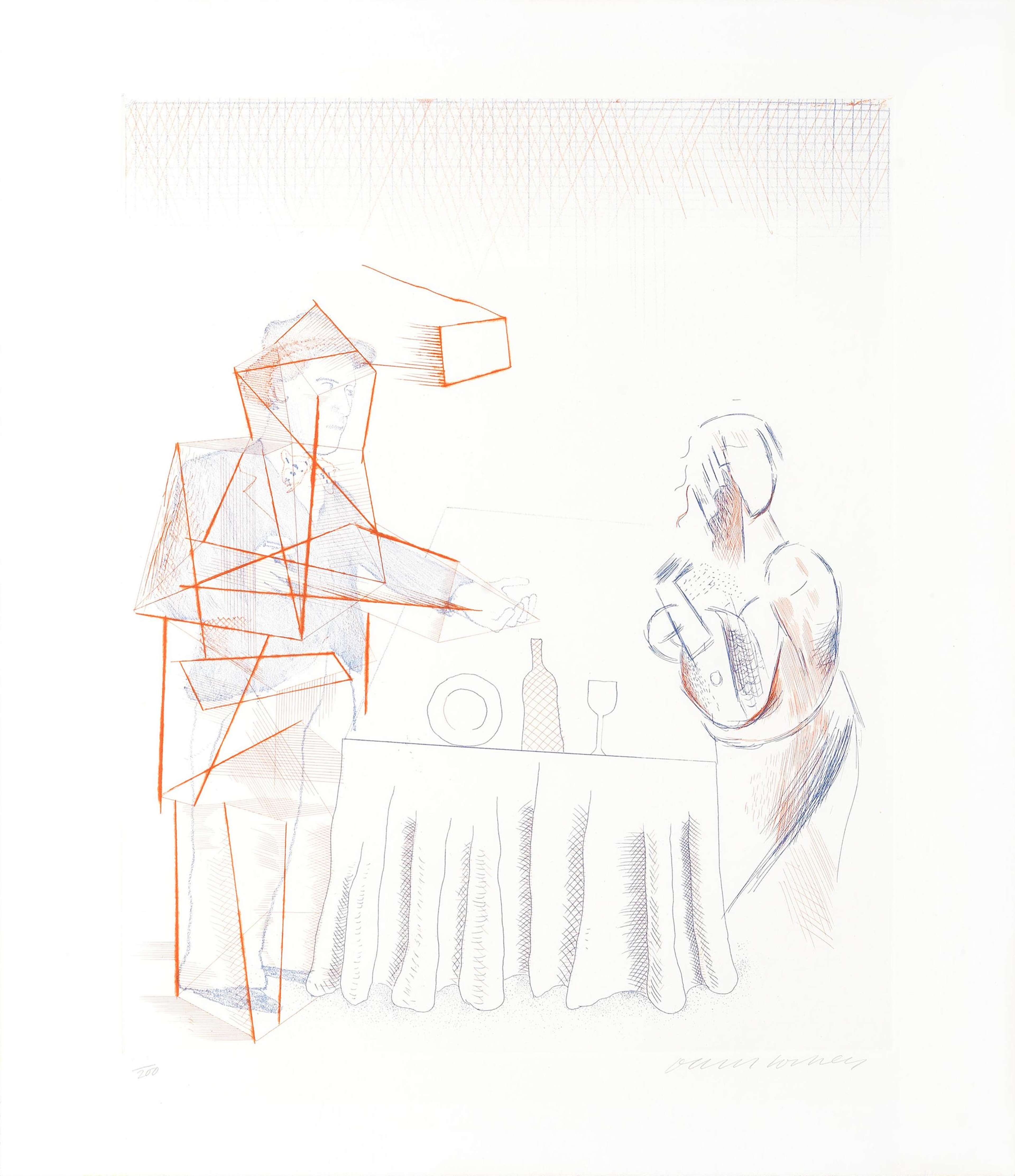 David Hockney’s Figures With Still Life. An etching of two Cubist subjects standing across from one another at a table with a plate, wine glass, and bottle. 
