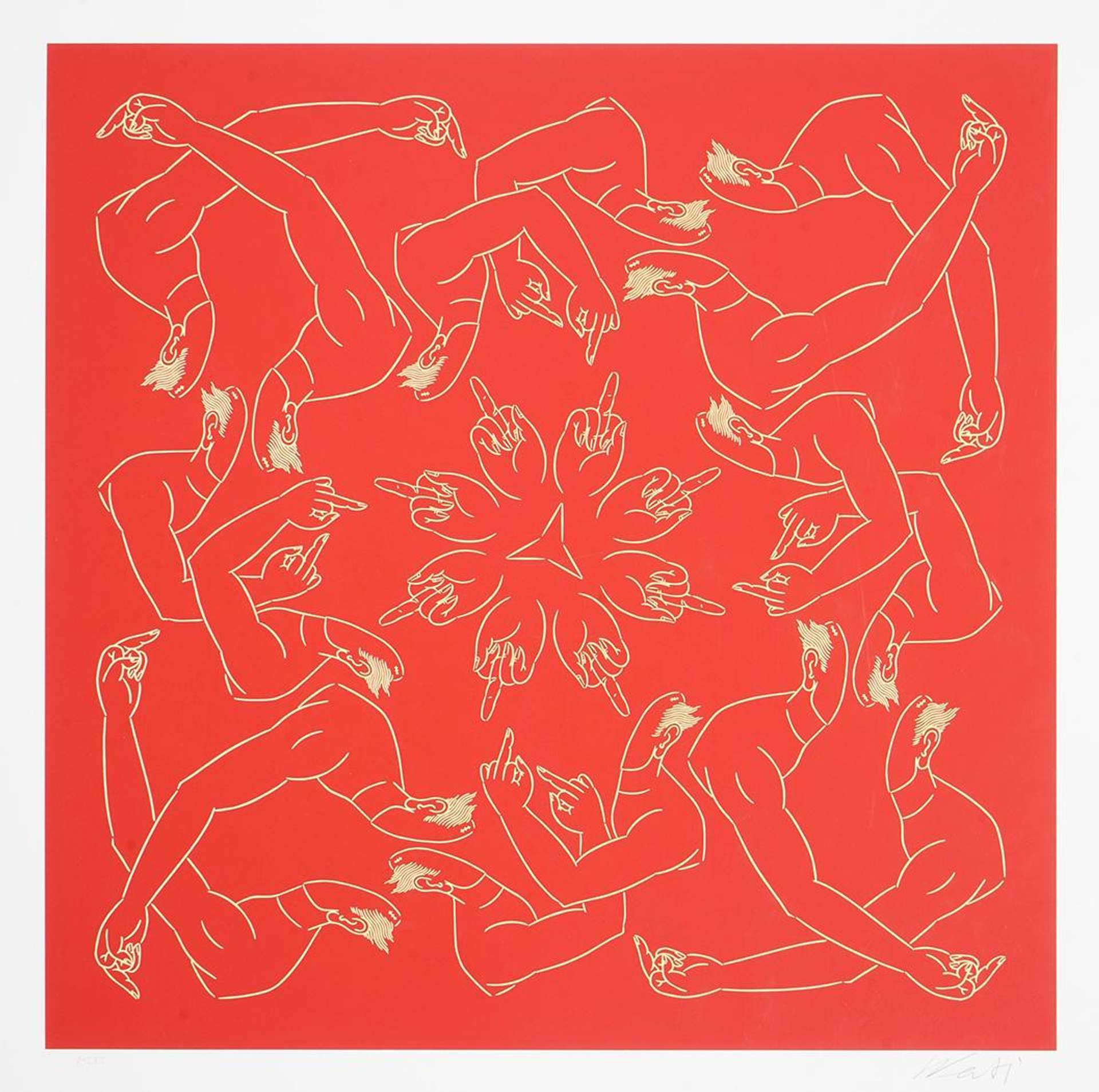 Ai Weiwei’s Middle Finger In Red. A screenprint of a pattern of arms holding up the middle finger against a red background