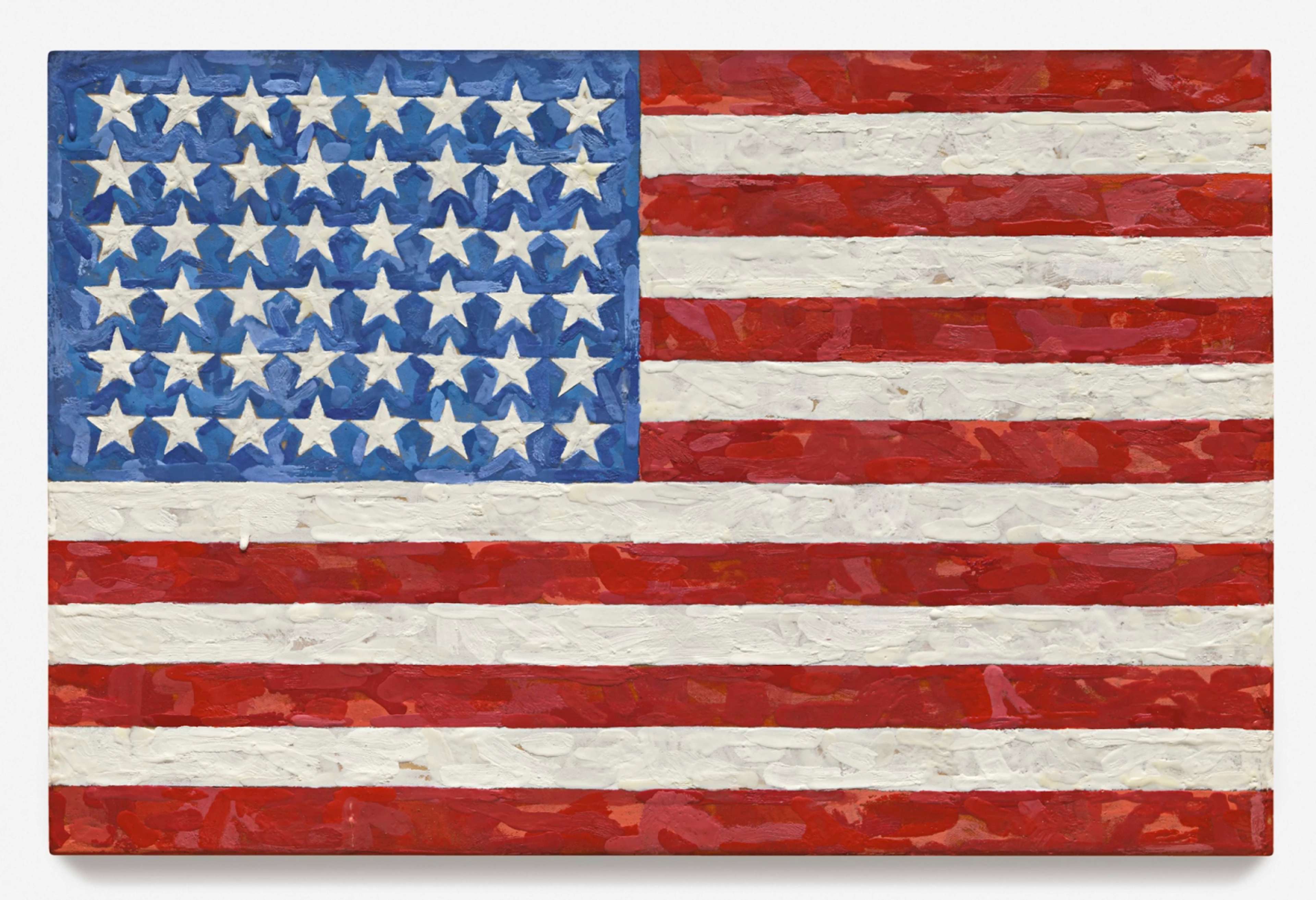 Painting of the American flag by Jasper Johns, showcasing a textured paint application. The artwork displays 13 alternating red and white stripes and 50 white stars set against a blue rectangle positioned in the upper left corner.