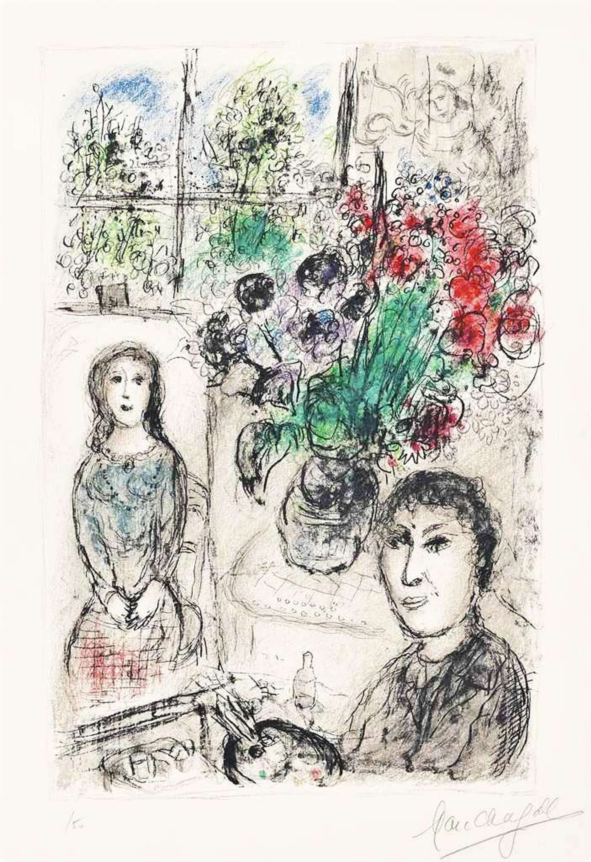 Marc Chagall: Le Chevalet Aux Fleurs - Signed Print