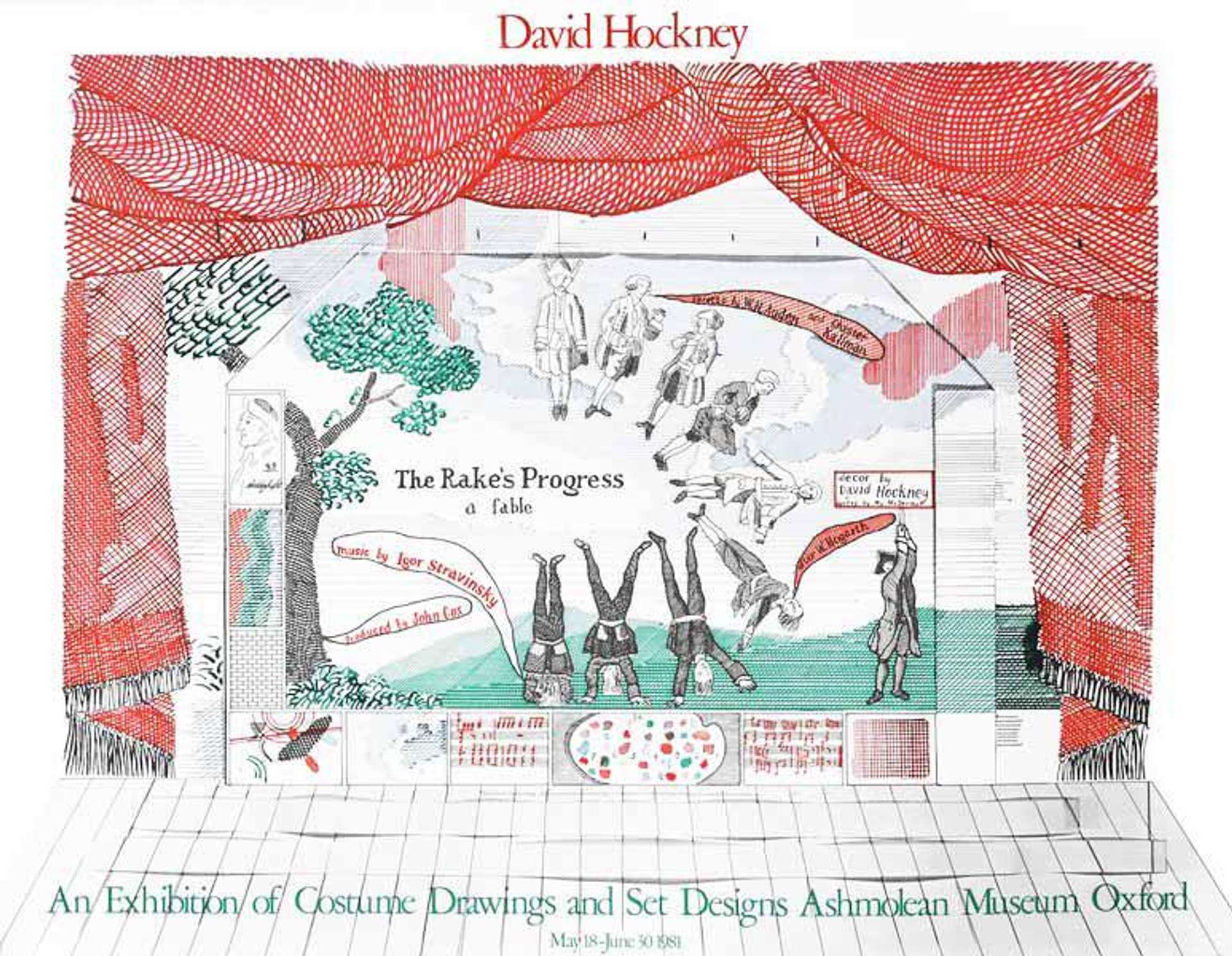 This print shows a stage framed by red curtains cross-hatched in Hockney's signature style. In the centre, the figures revolve and spin, while musical notes are shown underneath.
