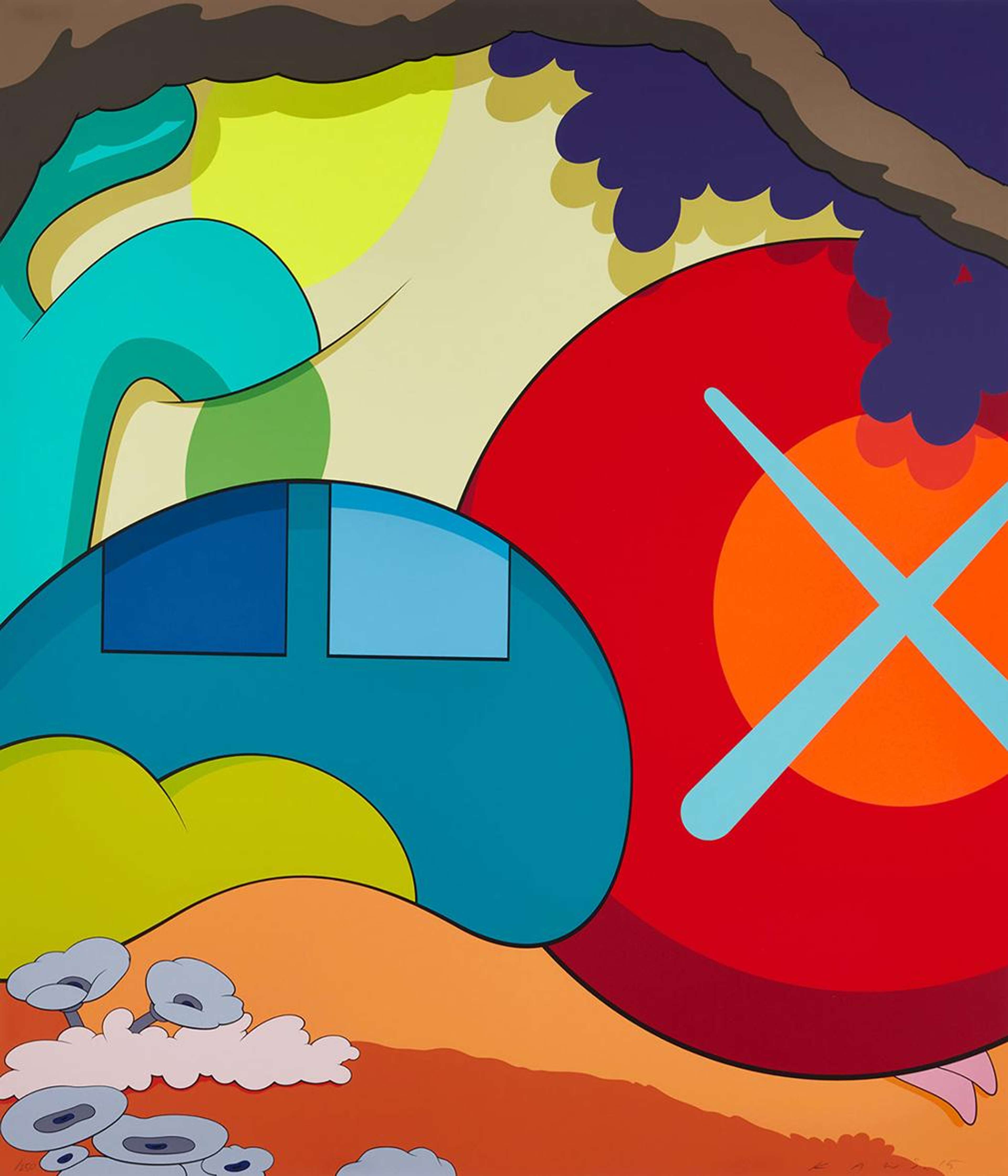 KAWS’ You Should Know I Know. A screenprint of an animated graffiti style work with the artist’s signature cross out eye, and colourful facial features.