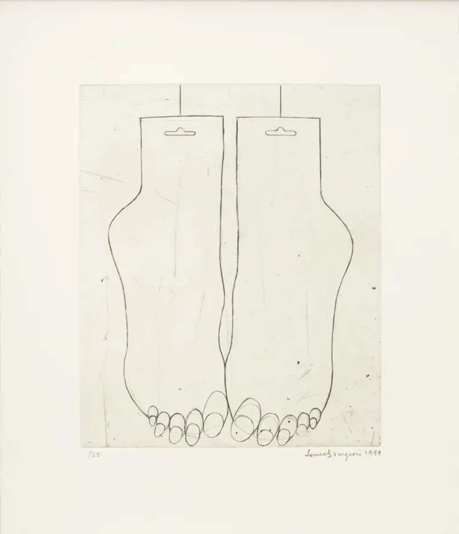 Louise Bourgeois’ Feet. A drypoint print of two feet, dangling pointing downwards. 