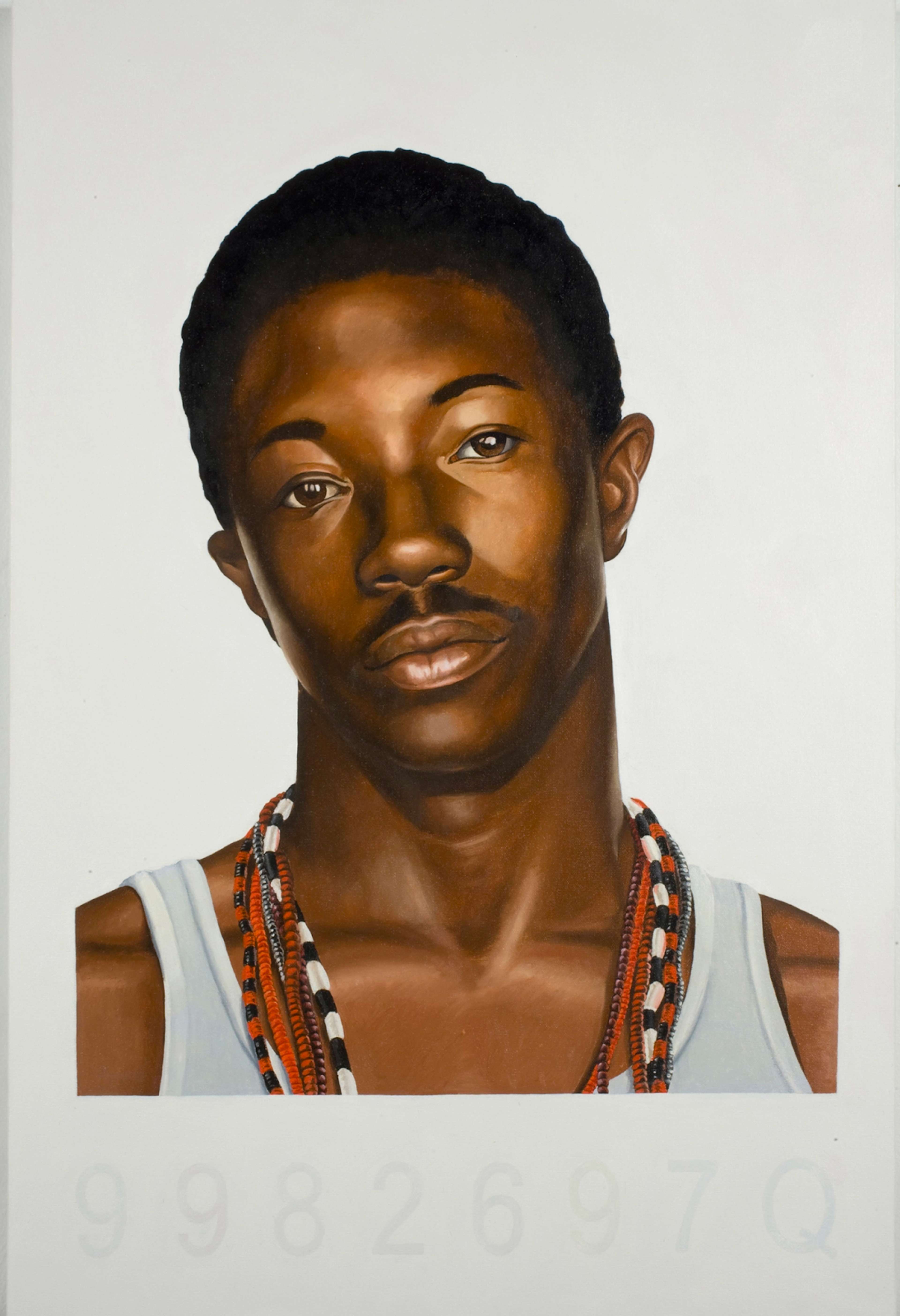A painted mugshot of a young man. Wearing a white vest and beaded necklaces, he looks directly at the camera. A line of numbers, presumably a case number, is underneath his portrait.
