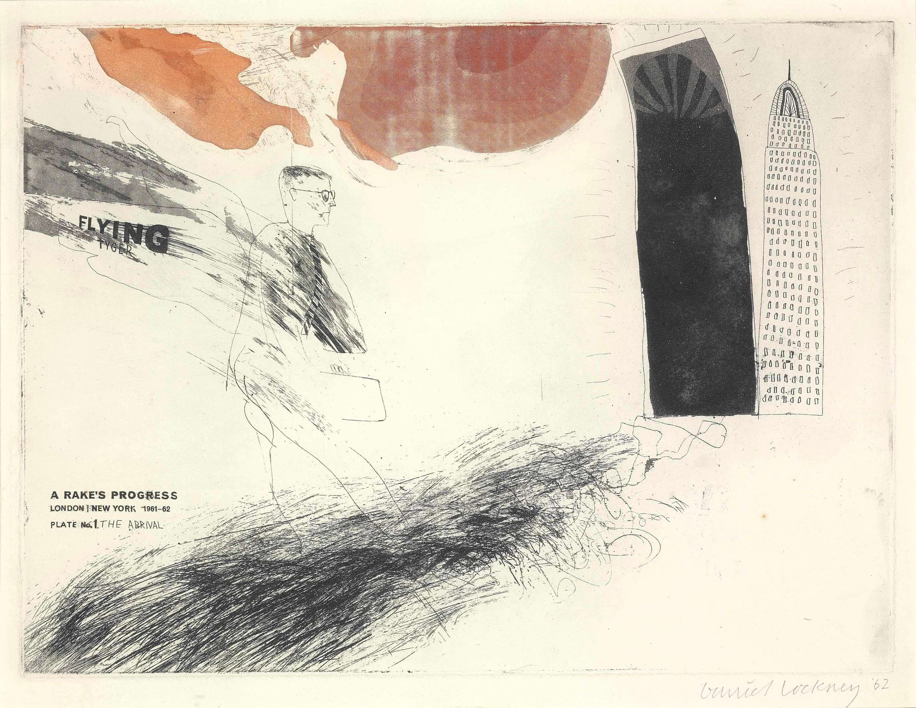 David Hockney’s The Arrival. An etching of a man walking towards a building with the text “FLYING TYGER” above him along with accents of a red sky.