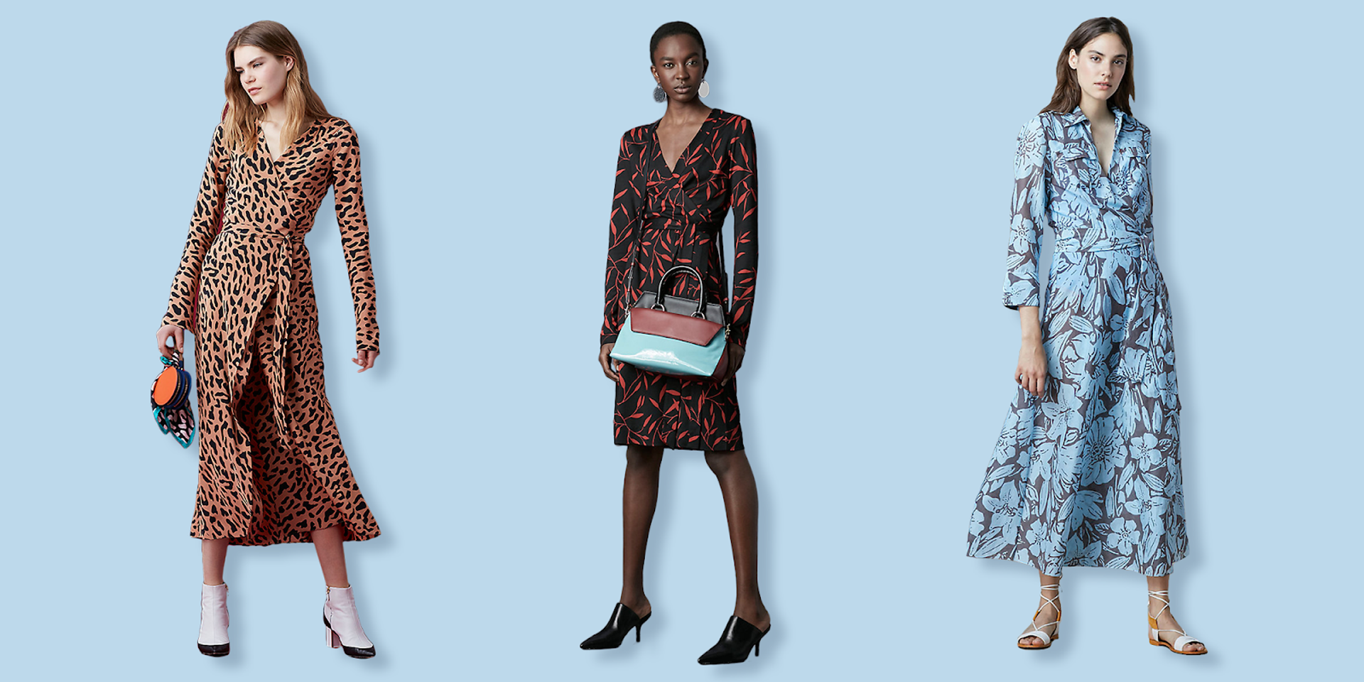 A collage of three models, all wearing Diane von Furstenberg wrap dresses.