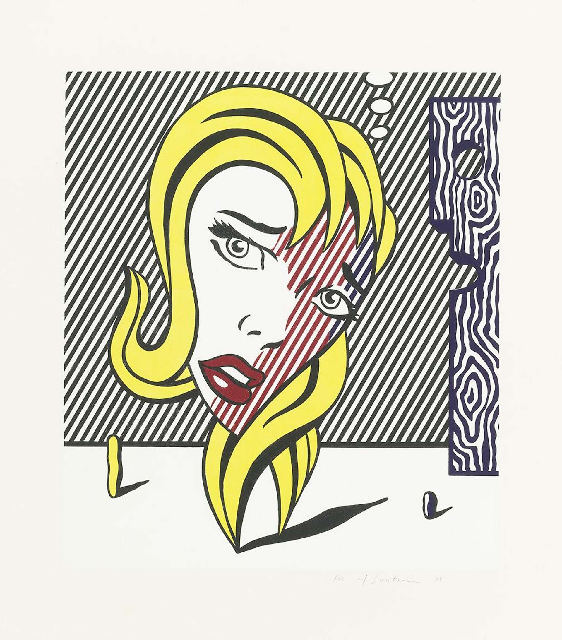 A female face in a state of emotional turmoil, with her body composed entirely out of blonde streaks of hair. Rendered in bright yellow and red hues, the figure’s contours are offset by crisp areas of black and white. A faux-wood statue, appropriated from Lichtenstein’s American Indian series of the 1980s, watches her tearful voyage from a distance.