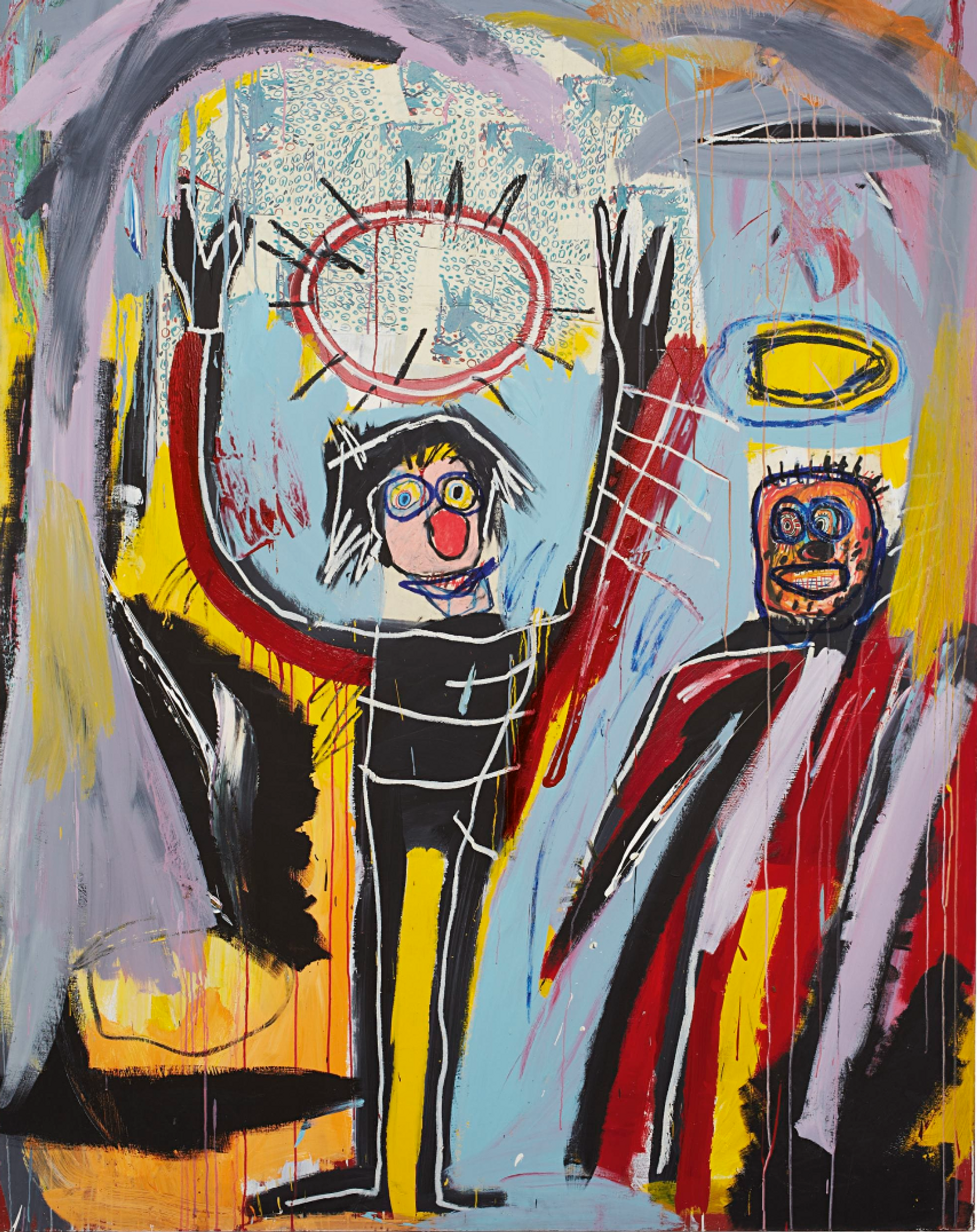An image of the artwork Humidity by Jean-Michel Basquiat. It shows two figures crowned by halos, amidst a swirl of colours. One figure is raising its hands to the sky.