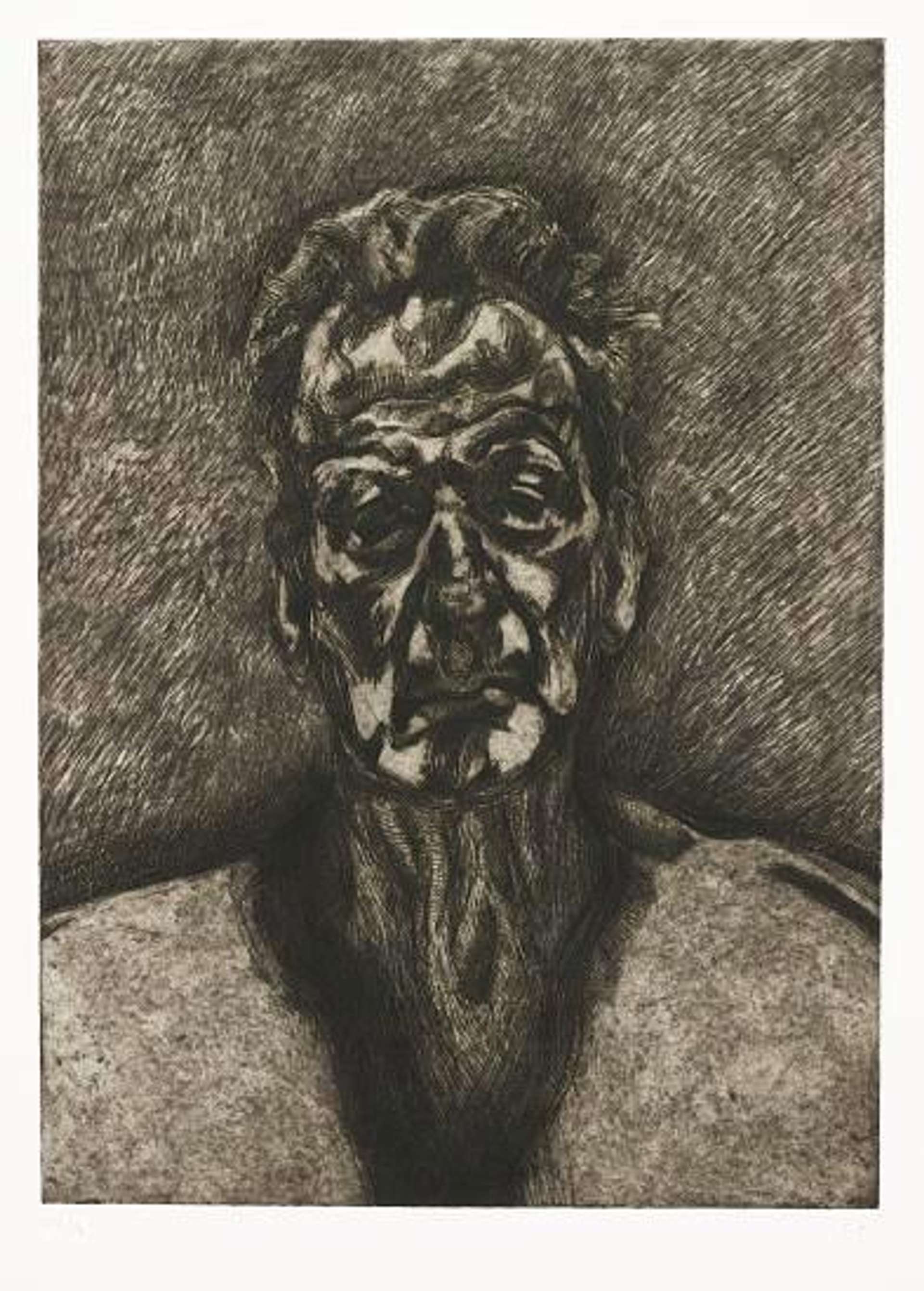 Lucian Freud's Self Portrait Reflection. A drawing of a man looking forward, with a deep, sombre facial expression 