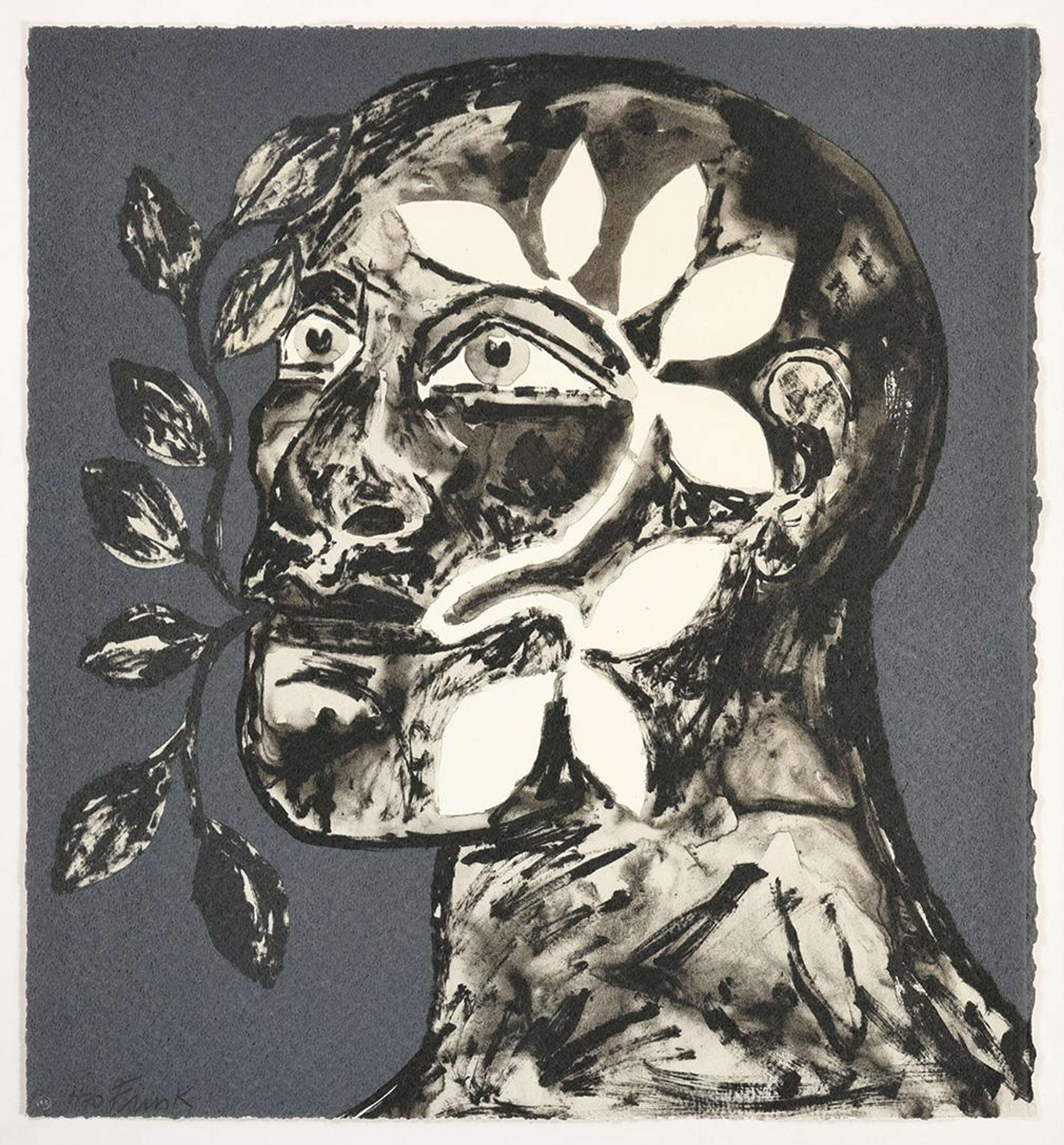 A screenprint depicting a three-quarter view of a man’s head, bald, with black and white leaves coming out of his closed mouth. The style is rough, with thick, scratchy lines. The colours used are muted; mostly grey, with black and white.