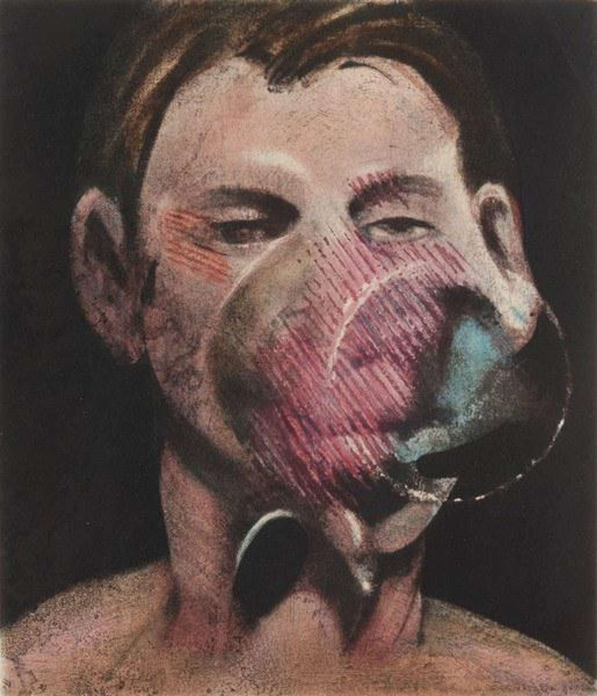 Francis Bacon's Portrait Of Peter Beard. Abstract painting of aa man with distorted circular shapes protruding from his face.