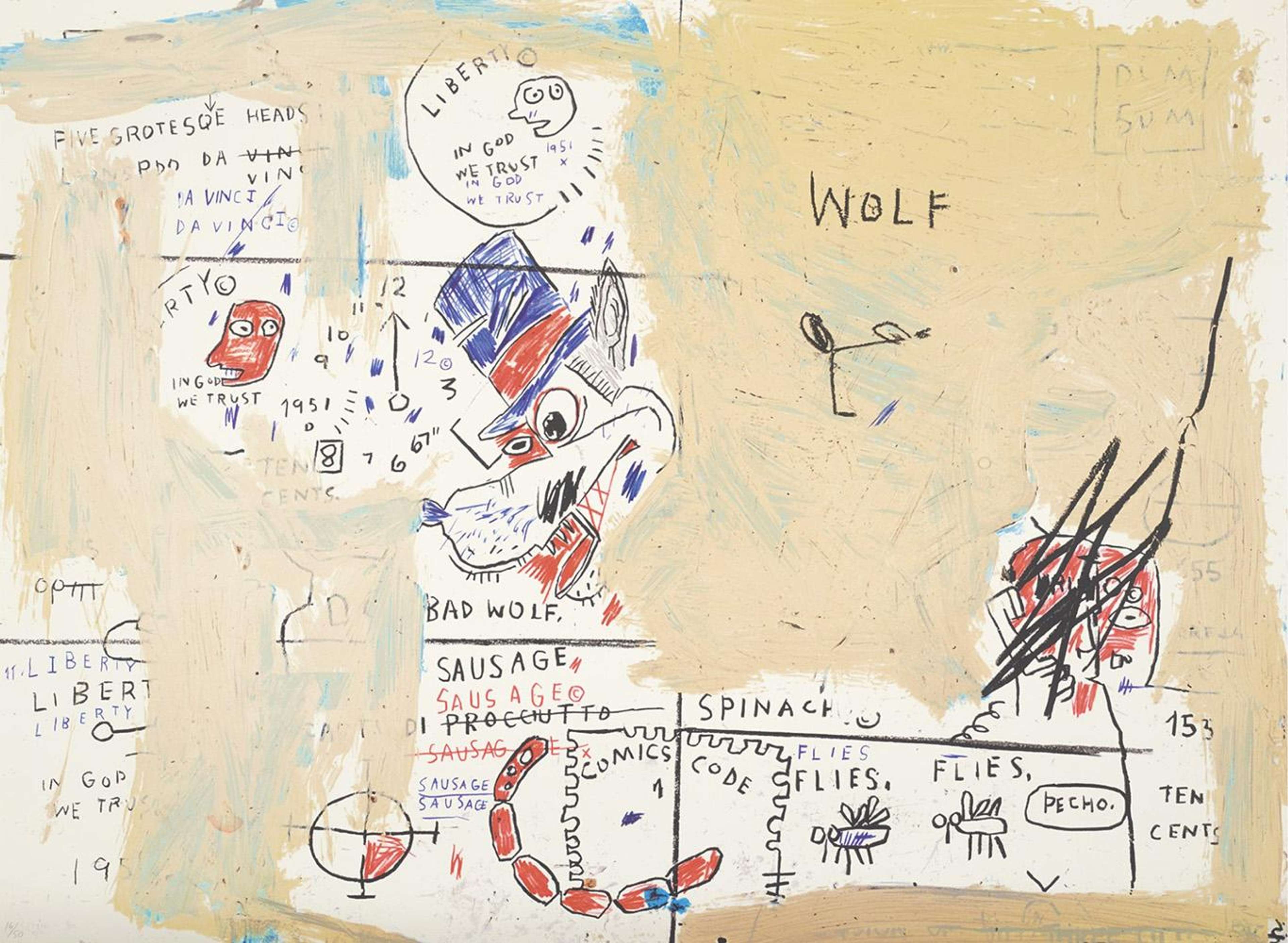 Jean-Michel Basquiat’s Wolf Sausage. A Neo-Expressionist screenprint of a wolf character with combined symbols and text.Jean-Michel Basquiat’s Wolf Sausage. A Neo-Expressionist screenprint of a wolf character with combined symbols and text.