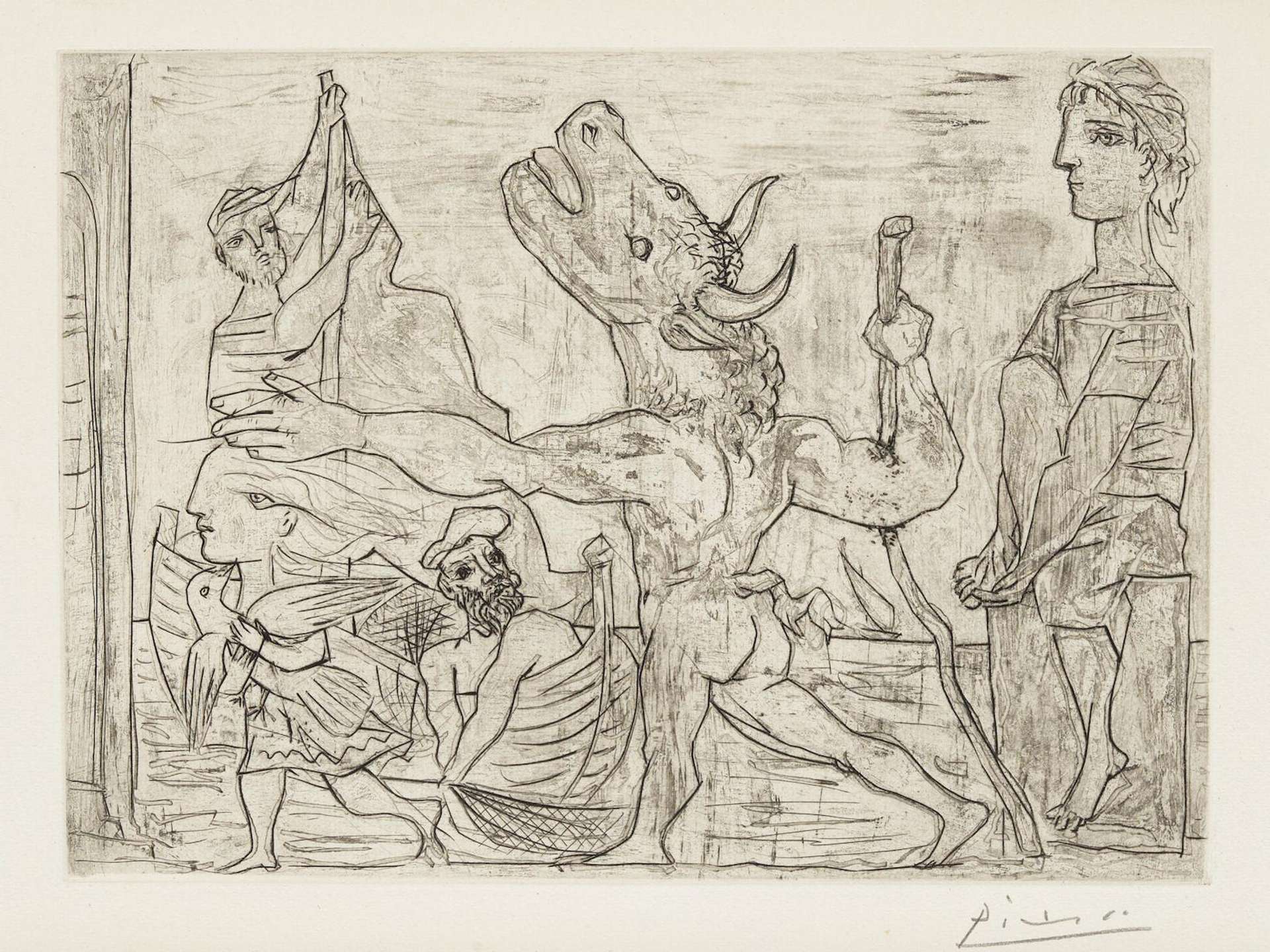 This print shows a large Minotaur being guided by a young girl towards the left side of the composition.
