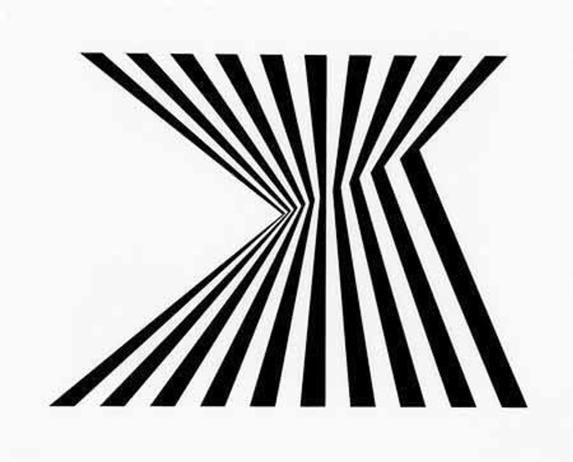 Ten black lines, against a white background, reach from the top and bottom of the artwork. The lines meet near the centre of the composition, converging at different points to produce an optical illusion.