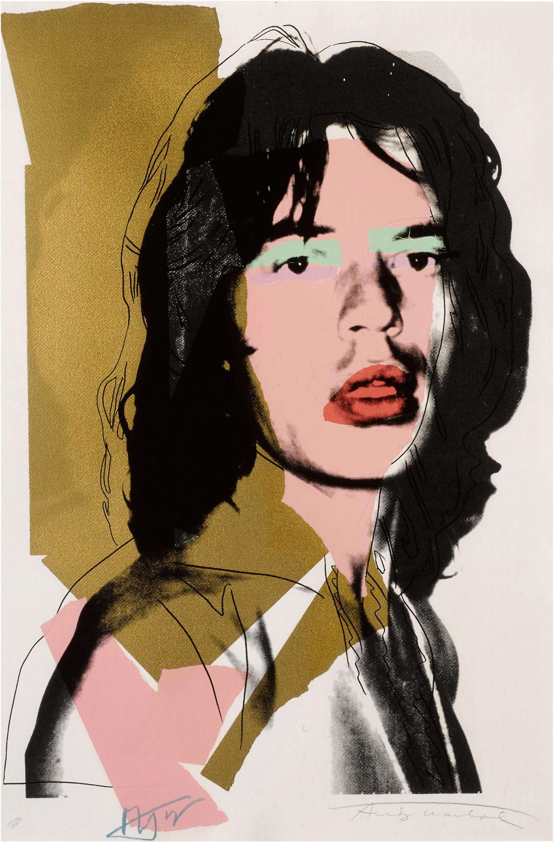 A screenprint by Andy Warhol depicting Mick Jagger in black ink, against a collaged background of gold paper, with pink, mint green, and red blocks of colour used to delineate the skin, eyes, and mouth.