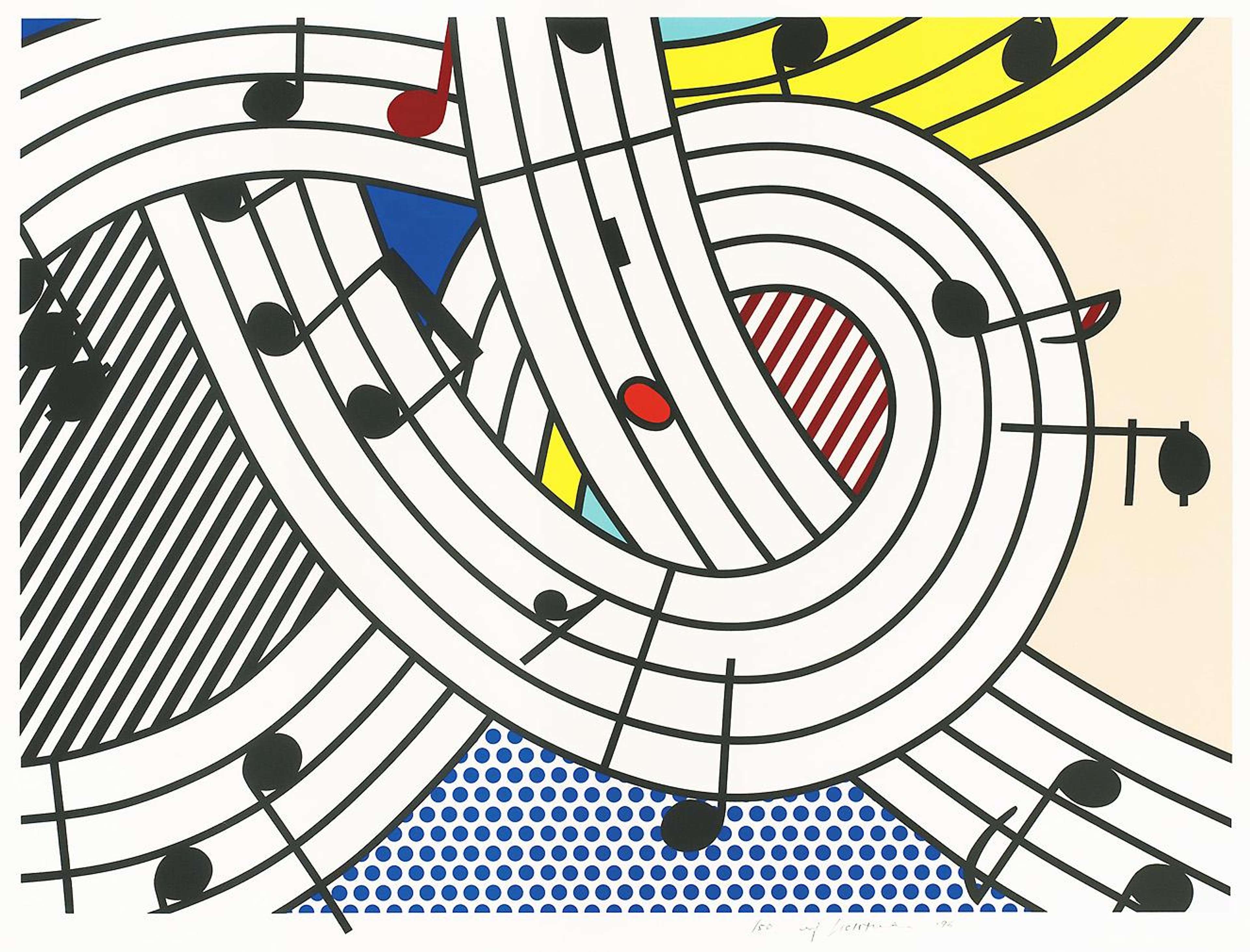 This work responds to the improvisatory nature of music, presenting arrangements of curving musical notations. The overall composition zooms in on the red detailed black notes and looping staves, which are set against an area of magnified dots and stripes in the primary colours of blue, yellow and red. Eggshell, royal blue and pale cyan coloured bits peek through the background of the work’s landscape format.