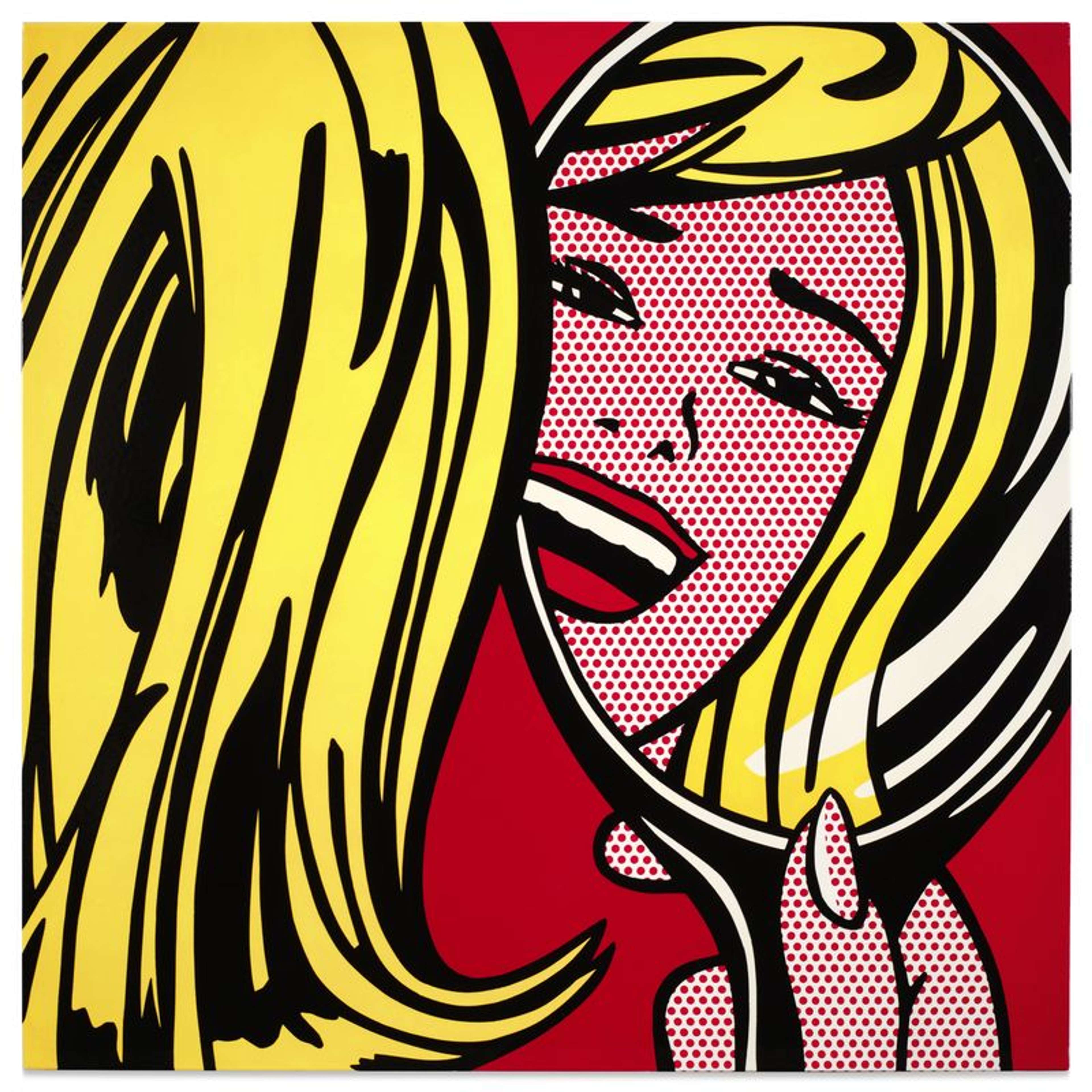Roy Lichtenstein, Girl in Mirror (1964), enamel-on-steel Pop Art composition depicting a blonde woman gazing into a handheld mirror. Rendered in Lichtenstein’s signature Ben-Day dots and bold black outlines, the image features bright yellow hair, red lips, and a vivid red background, creating a striking, graphic exploration of beauty, reflection, and mass-media imagery.