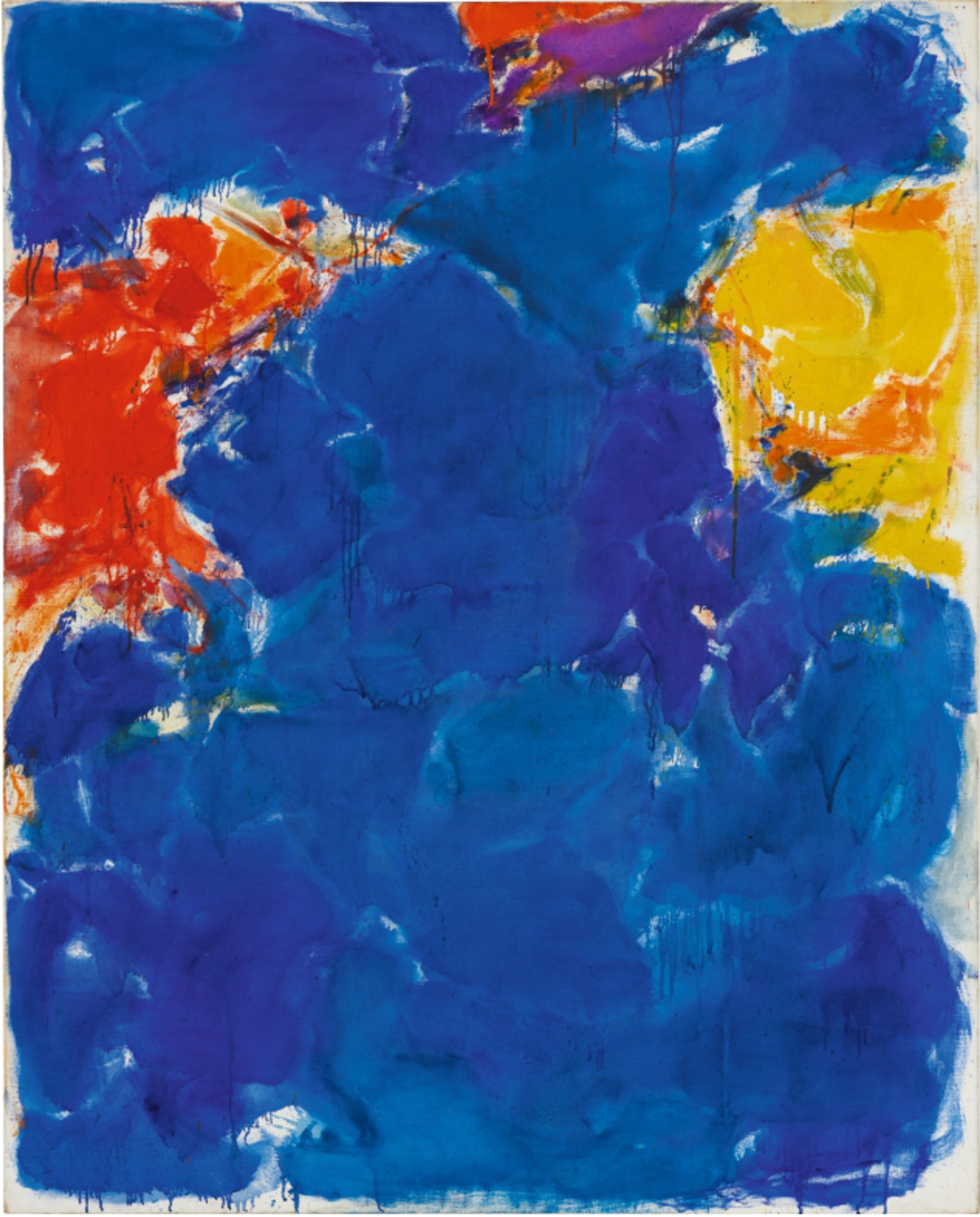 A composition that is almost entirely intermingling vibrant shades of blue. To the right, towards the top is a section of sunshine yellow and orange. To the left is a rich red. Between the distinct colours, the white of the canvas can be seen.