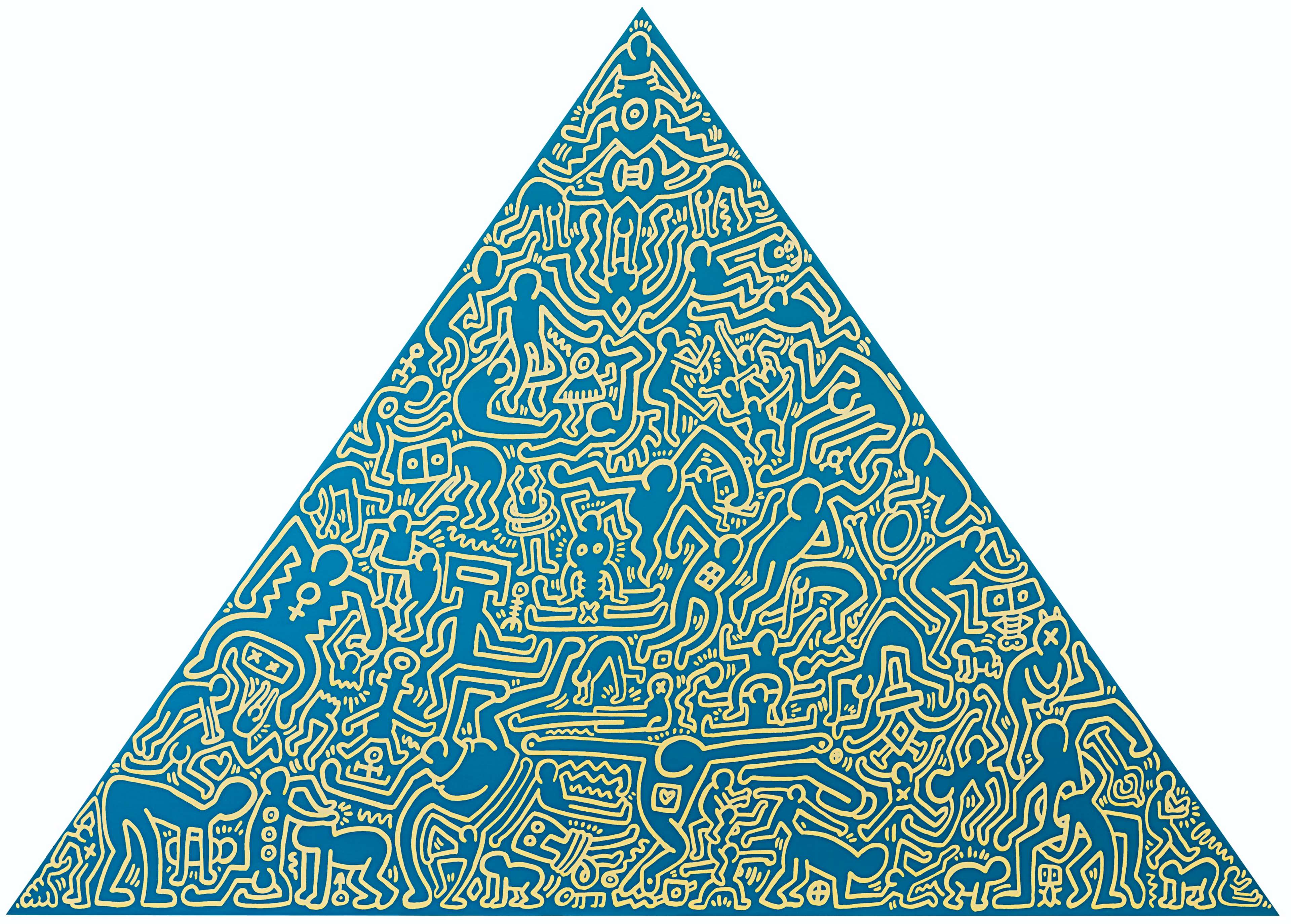 Keith Haring’s Pyramid (blue II). A Pop Art screenprint of a blue triangle with yellow figures in various poses inside of it.