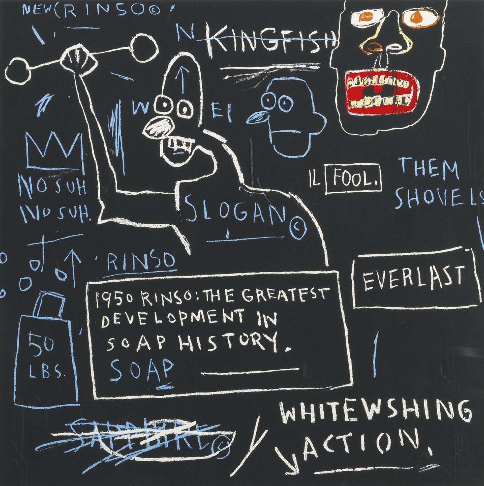 Rinso is a screen print in colours by Jean-Michel Basquiat produced in 1982. In Rinso, the central figure is drawn in loose yet strident white marks, appearing to grit their teeth, with a tool raised in a clenched fist, perhaps depicting a protesting industrial or agricultural worker. The reference to ‘them shovels’ lends further evidence to this interpretation. The text across the chest of the figure reads ‘SLOGAN’ next to the copyright symbol, a motif which appears recurrently throughout Basquiat’s oeuvre in unexpected contexts.