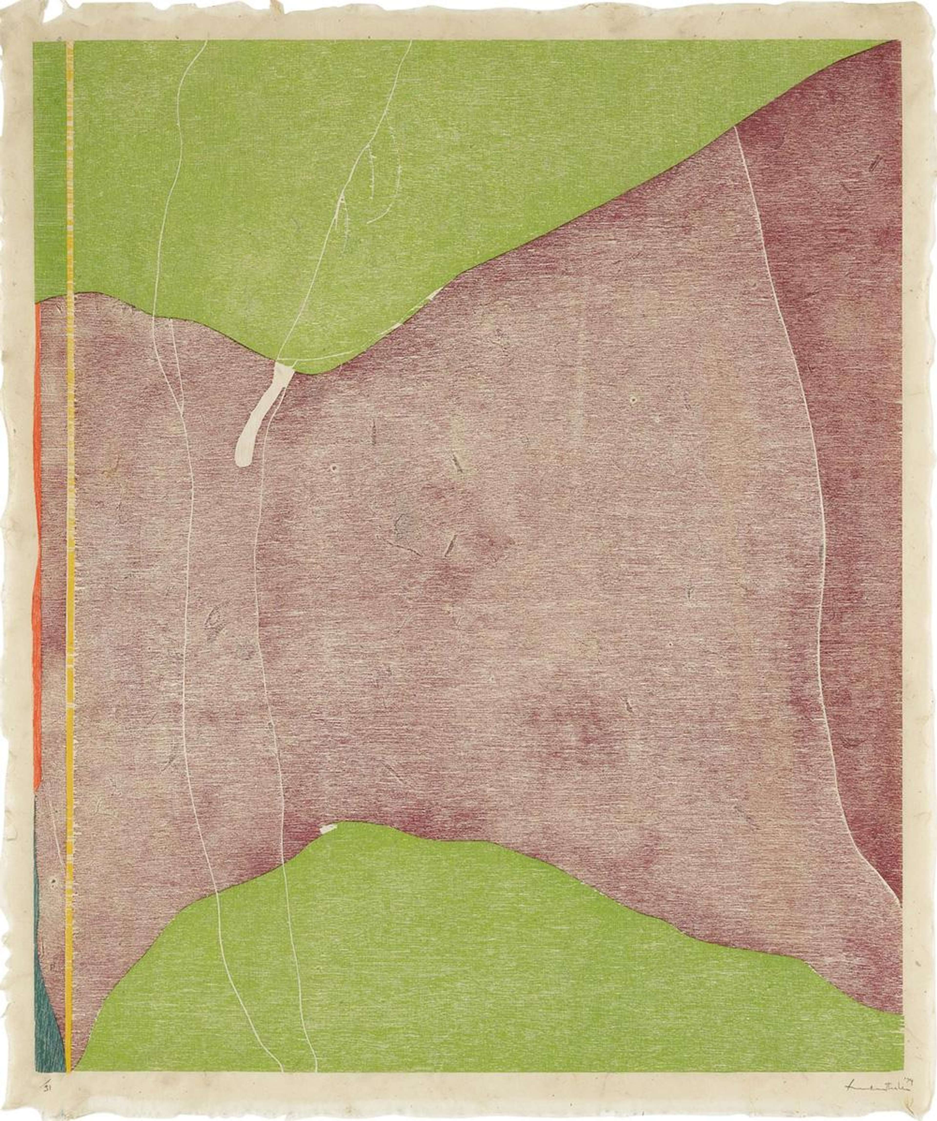 Helen Frankenthaler’s Savage Breeze. An abstract expressionist woodcut print of a landscape of green grass and muted red in between.