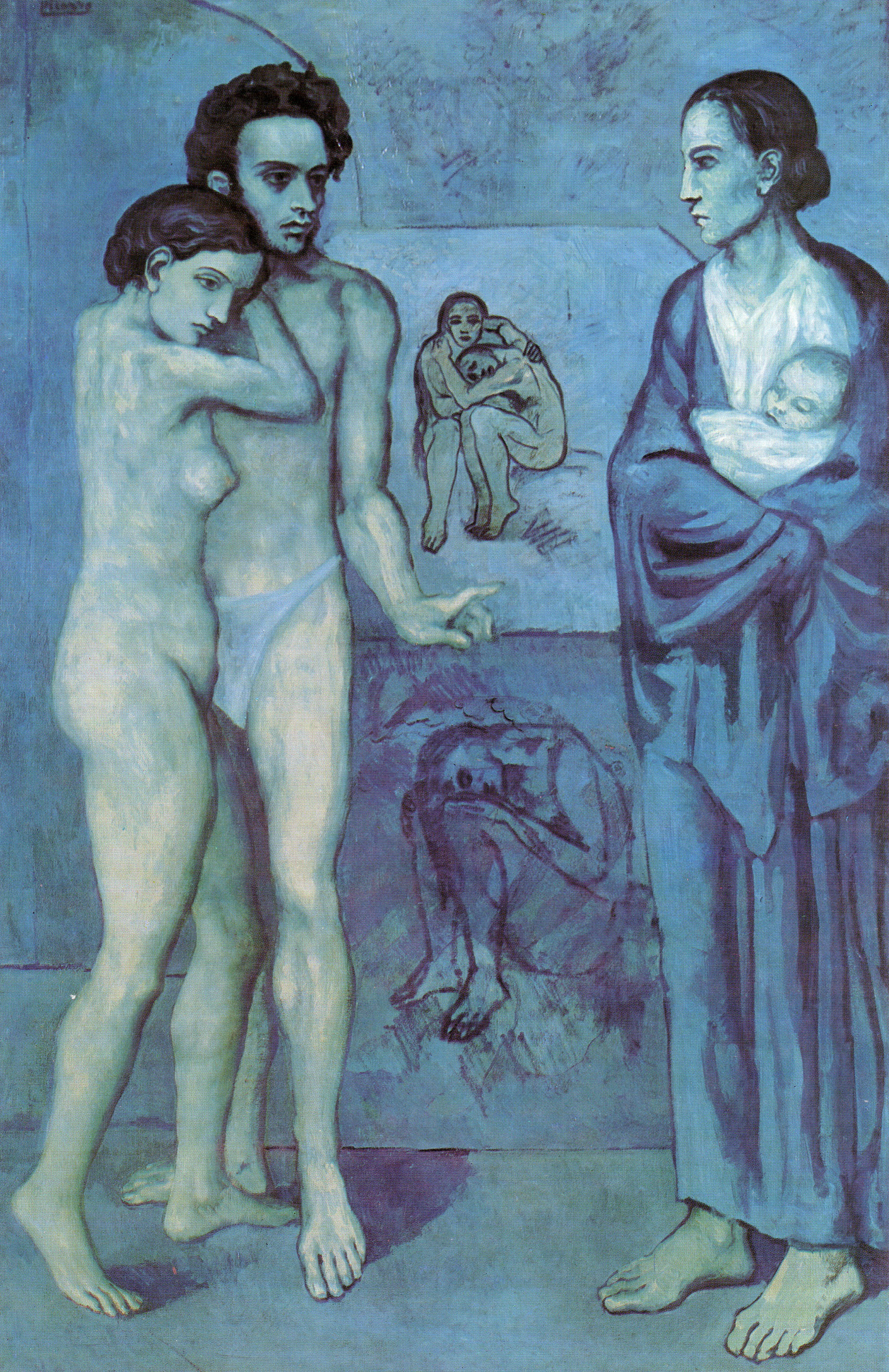 The painting portrays two pairs of people, a naked couple confronting a mother bearing a child in her arms.[4] In the background of the room, apparently a studio, there are two paintings within the painting, the upper one showing a crouching and embracing nude couple, the lower one showing a lonesome crouching nude person very similar to Sorrow by Vincent van Gogh.