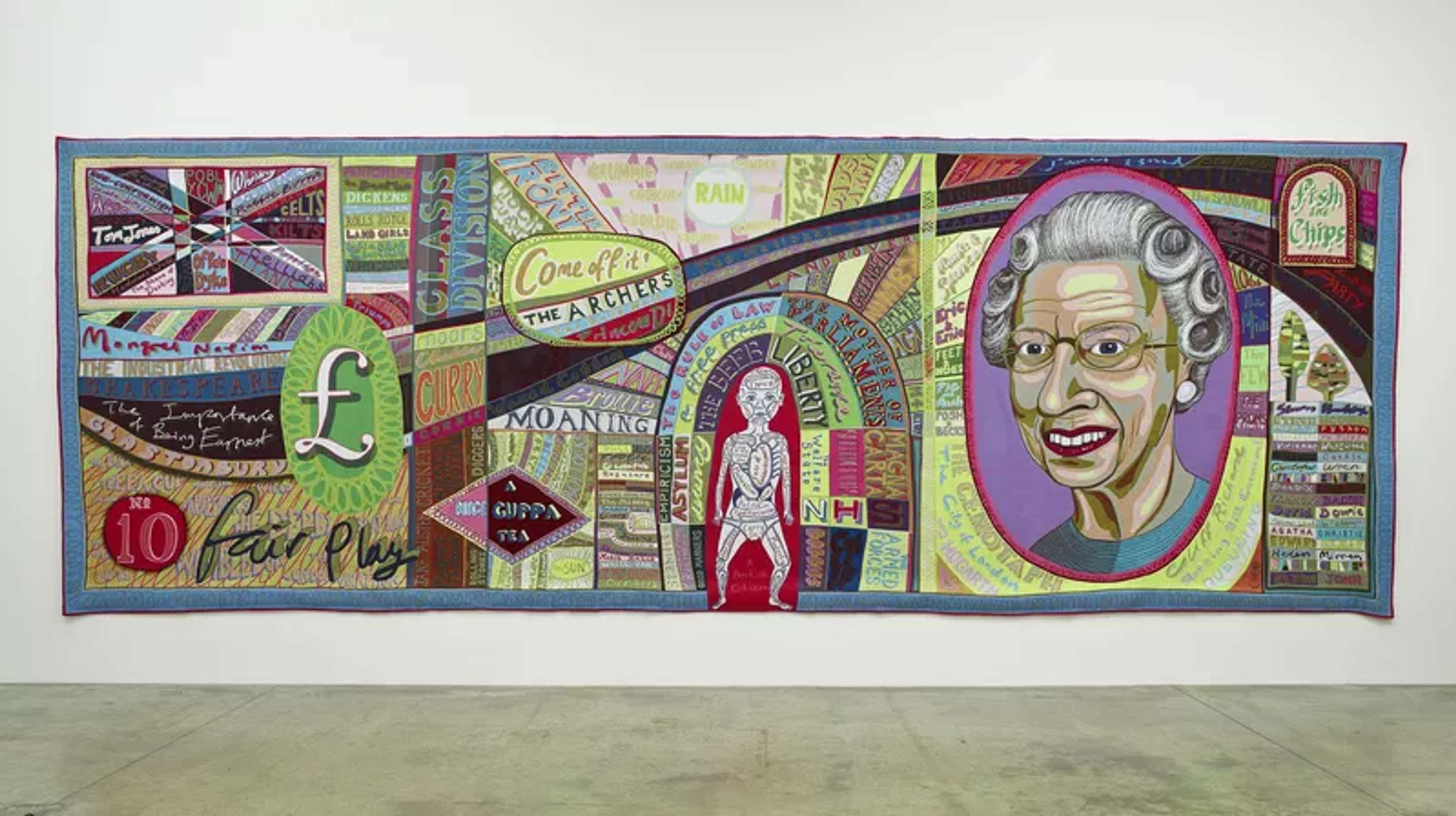 A vibrant tapestry by Grayson Perry featuring visual icons of British culture, including Queen Elizabeth II, a pound sign, and phrases popular in British English.