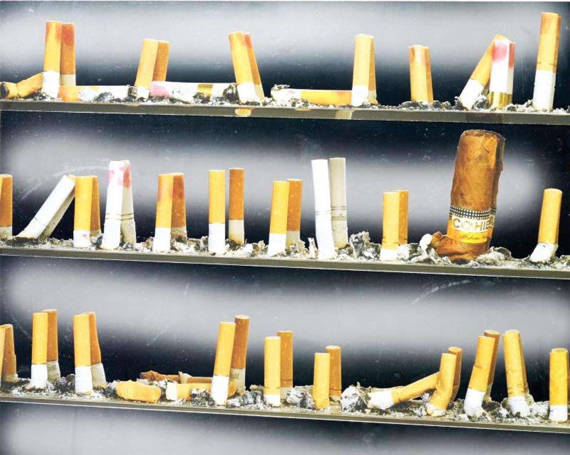 Damien Hirst’s Hell. A digital print of an assortment of burned out cigarettes lined up inside a medicine cabinet. 