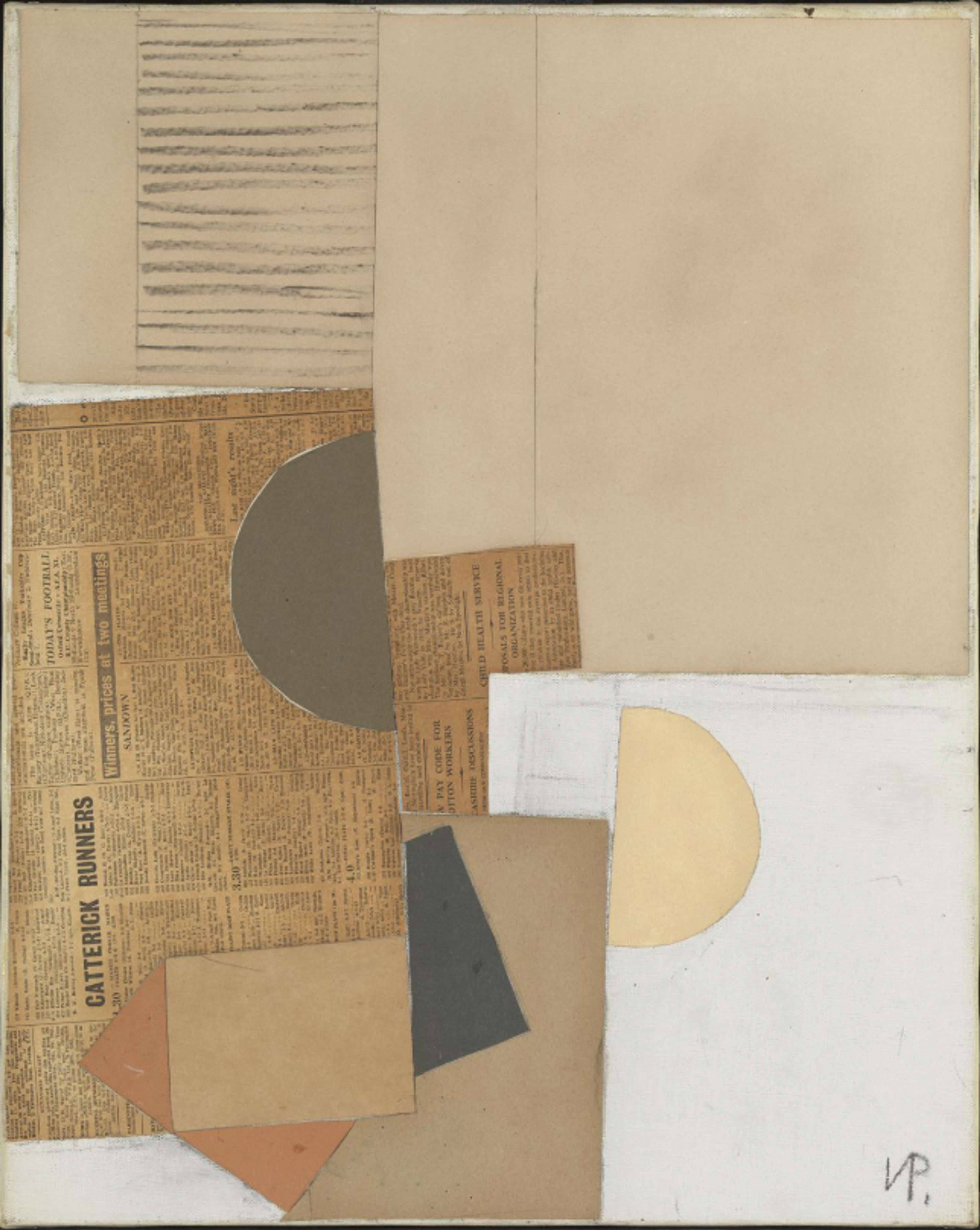 An abstract painting titled "Abstract in White, Grey and Ochre" featuring geometric shapes in shades of white, grey, and ochre set against a black background.
