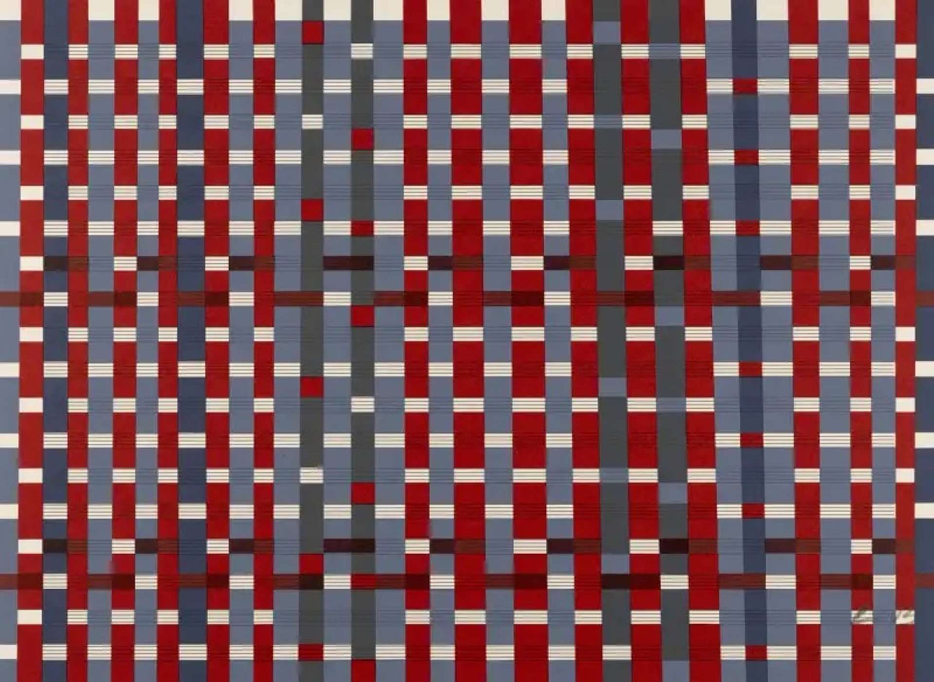 Louise Bourgeois’ Untitled #19. A screenprint of red, blue, and grey tones against a pattern of horizontal lines