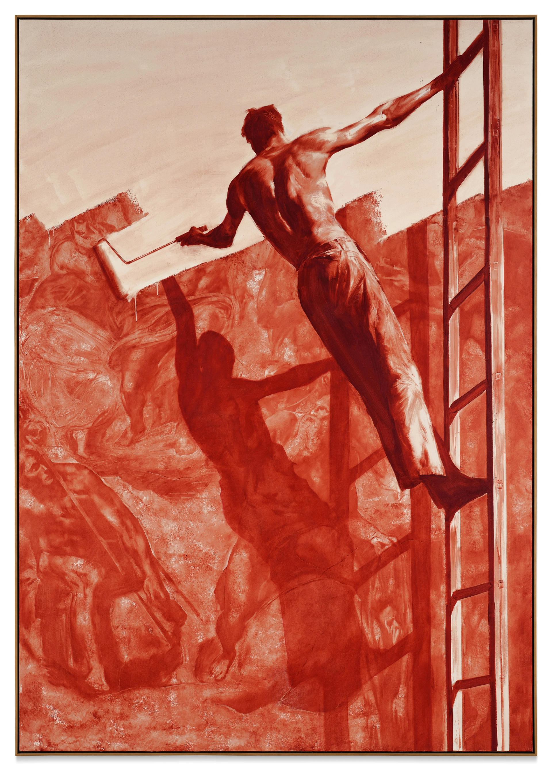 In this painting, a shirtless man can be seen dangling from a ladder as he paints over the figure of Jesus in Da Vinci's Last Supper. The work is composed of a white and red colour palette, with many variants in hue.