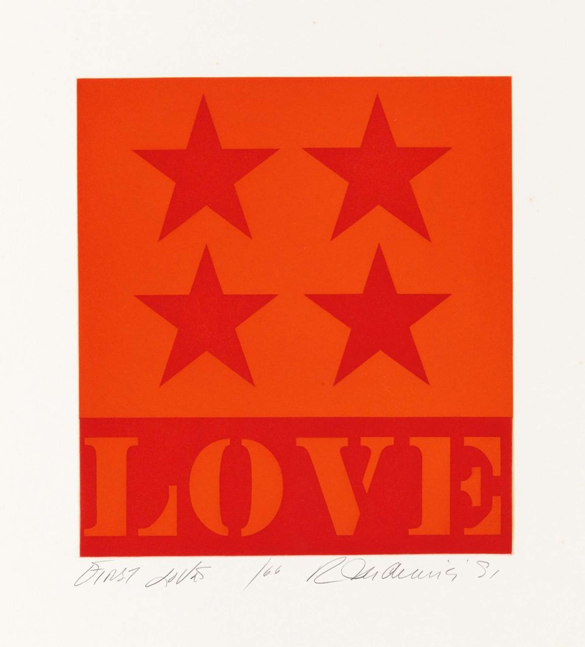Four red stars forming a square on an orange background with the word LOVE beneath them