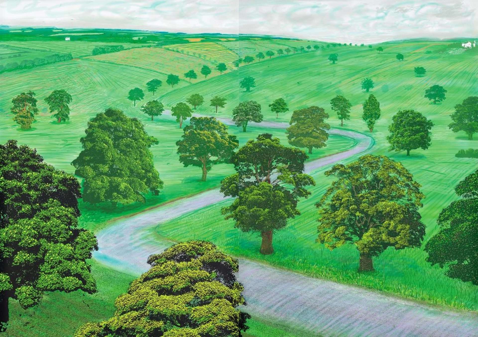 The drawing depicts a serene rural landscape consisting of expansive open fields, a range of abundant, flowering trees and a squiggly, concrete road that sprawls from one side of the picture to the other. Hockney’s depiction of the natural world displays meticulous details and a variety of texture that render the landscape close-to-life while also allowing it to retain a uniquely oneiric undertone. Small elements such as blades of grass along the edges of the road are made visible, bringing the scene closer to the tradition of the naturalist yet dreamy landscapes associated with the works of Monet and Van Gogh.
