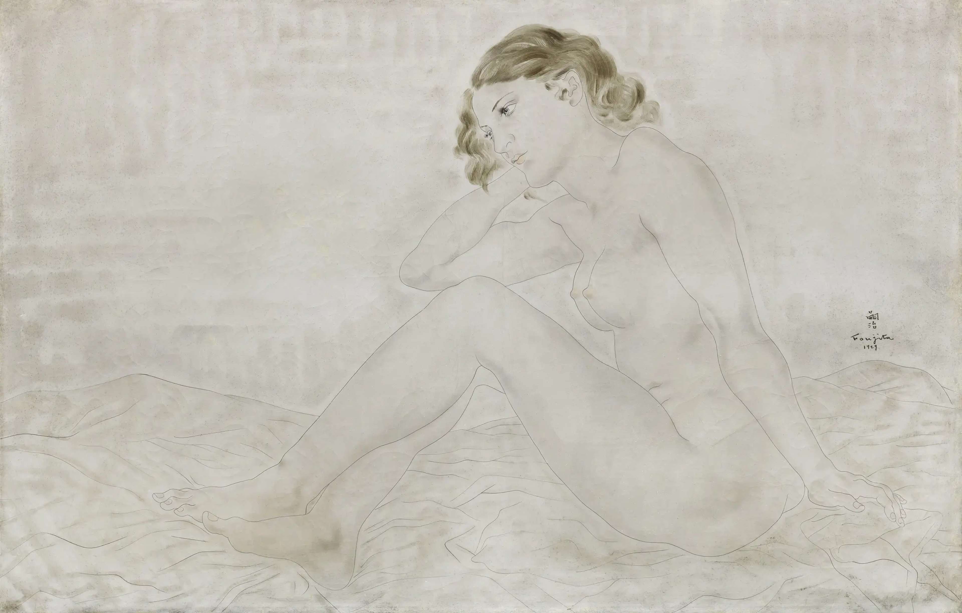 A seated nude female figure in profile with luminescent, pale skin against an equally pale background. The subject has a Grecian profile, long neck, and tousled mousy hair, with a contemplative, dreamy expression. She sits up, one elbow resting on one knee, on white bedsheets. The shape of her body is reminiscent of those in Renaissance art. 