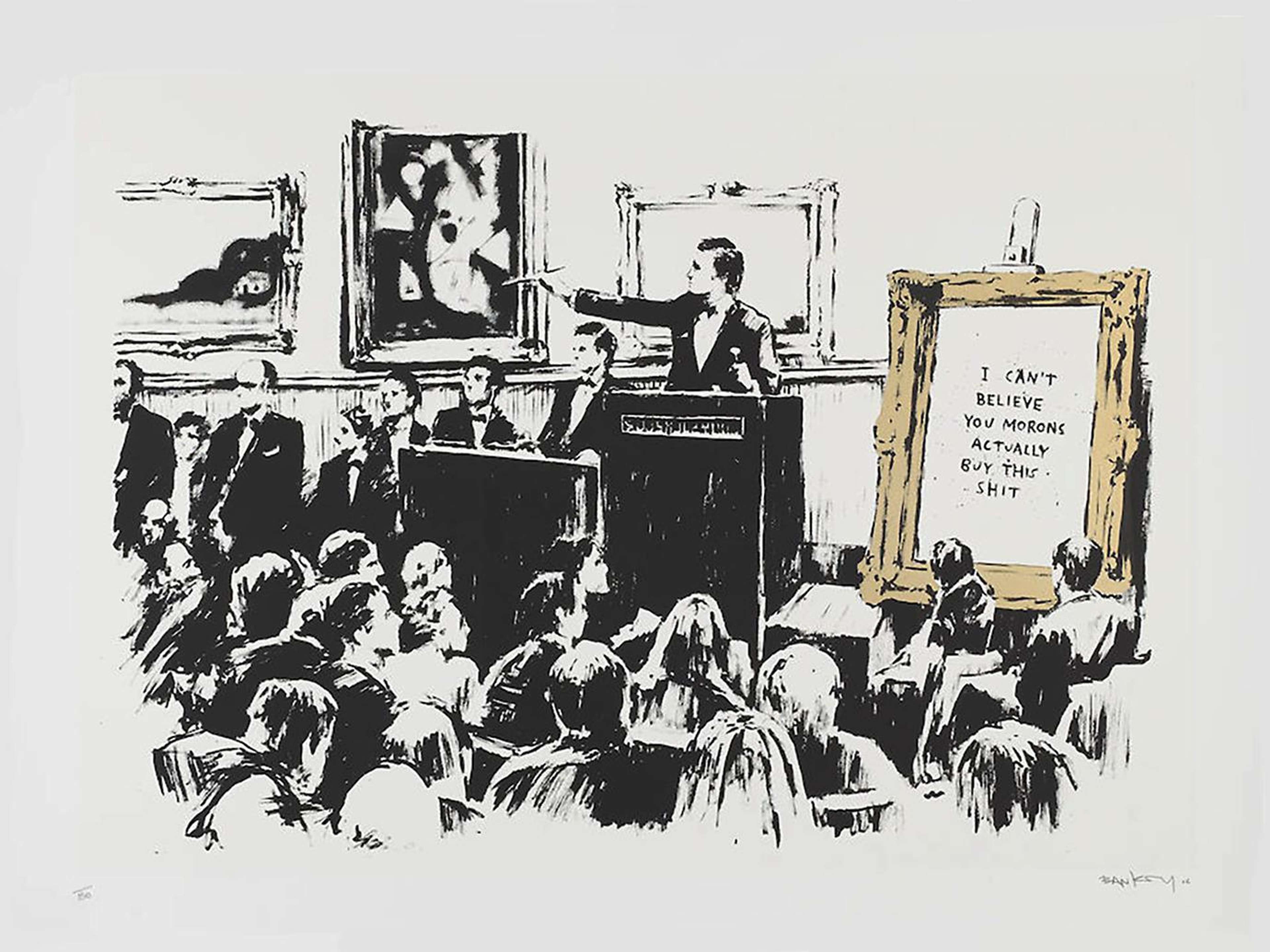A screenprint by Banksy depicting an auction room in black and white ink, replacing Van Gogh's Sunflowers, sold for £22.5m, with a gold framed sign reading "I CAN'T 