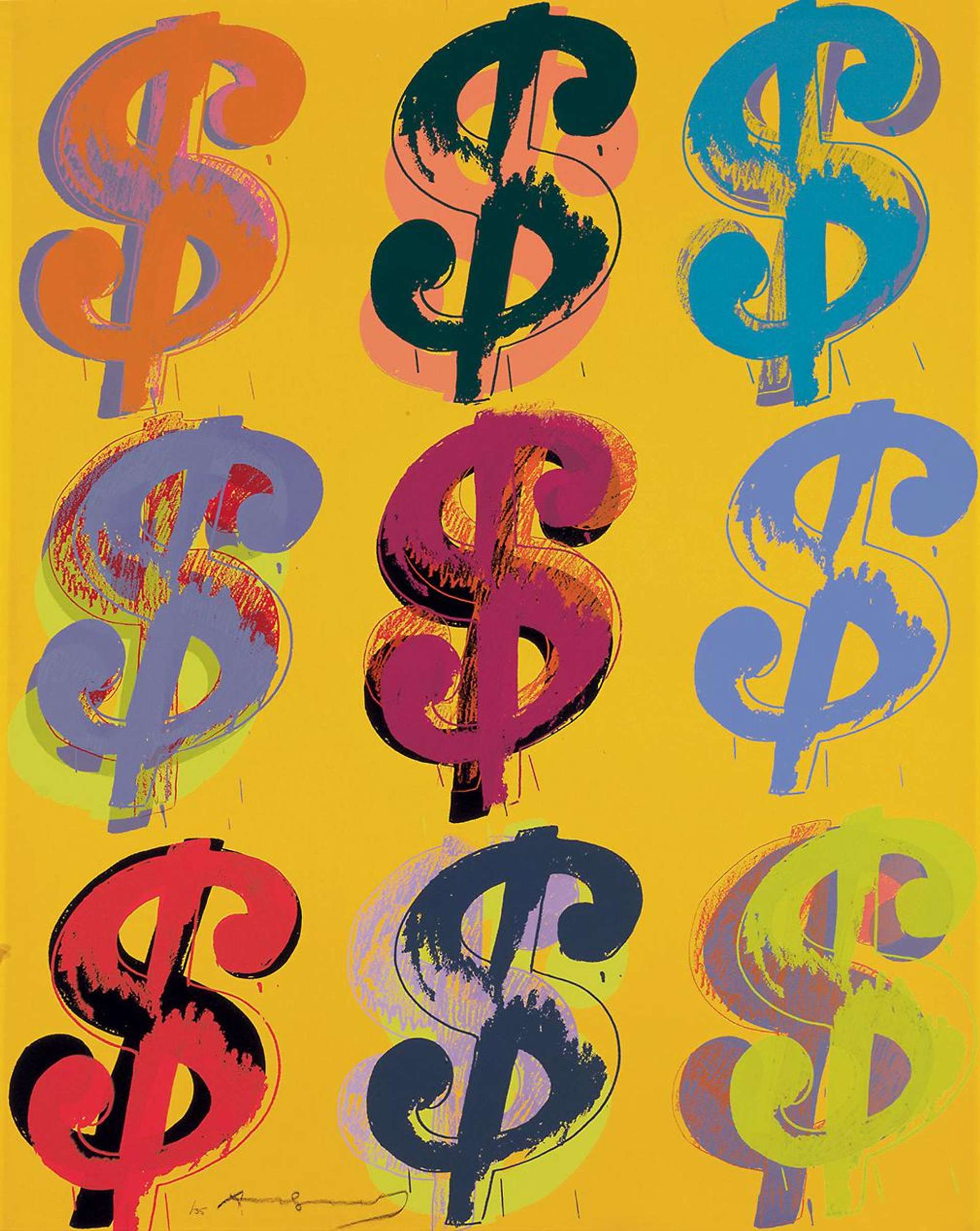 Nine multi-coloured dollar signs in a 3x3 grid on a pink backdrop