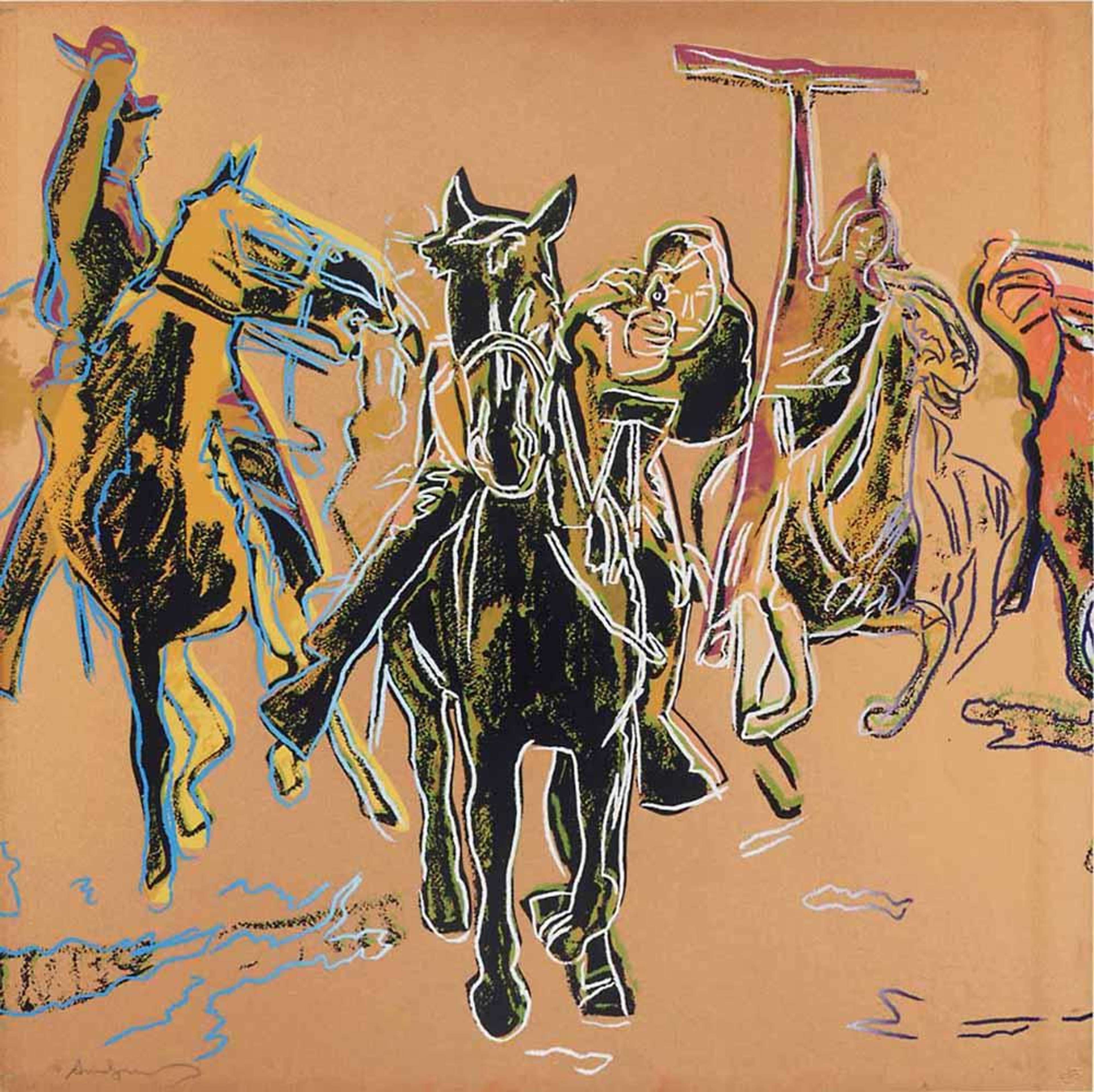 A screenprint by Andy Warhol depicting a scene from a Western movie with galloping horses, set against a neutral background.