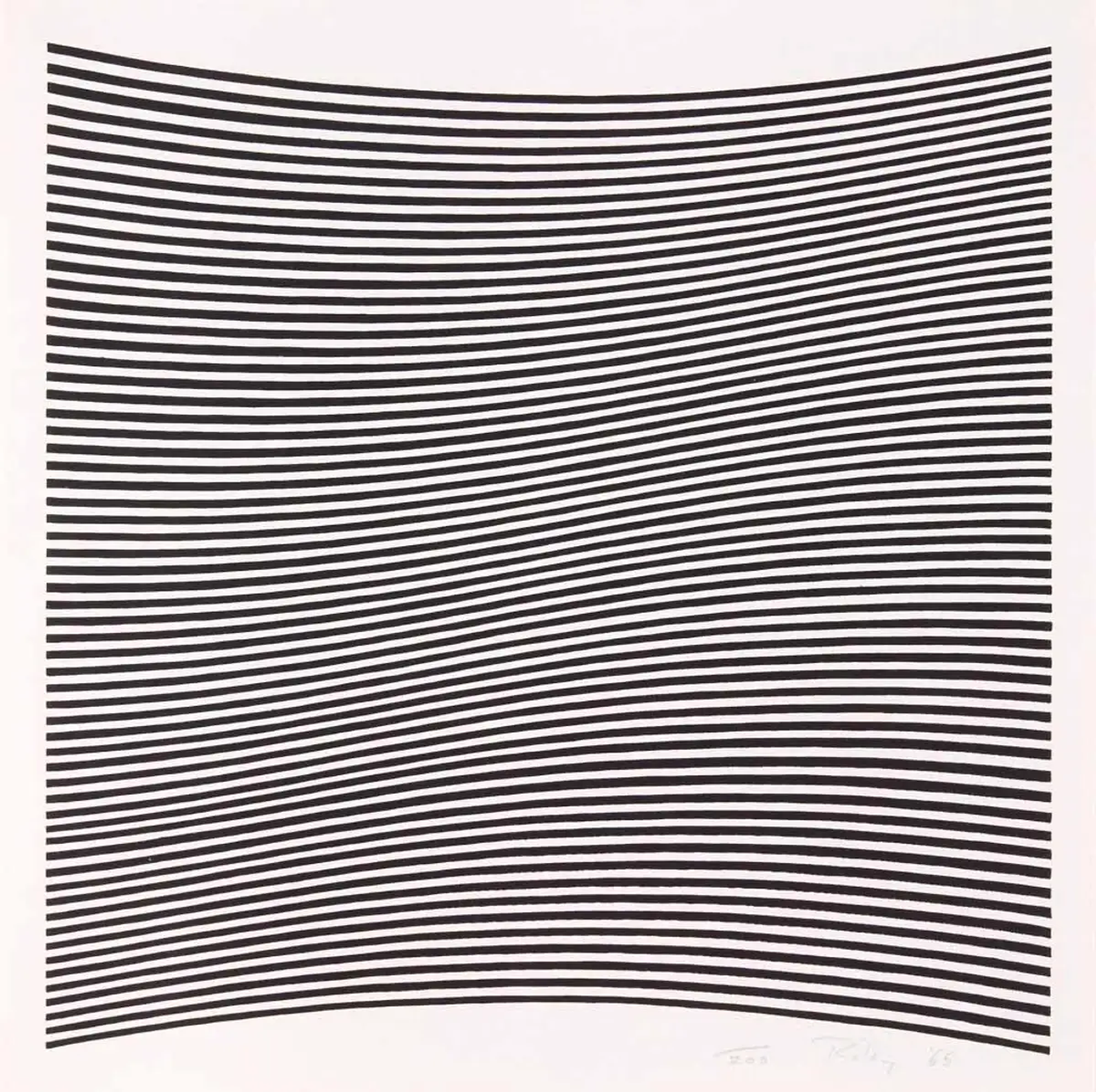 La Lune En Rodage is a black and white screen print executed by British artist Bridget Riley composed simply of black horizontal lines of equal length, yet, in true Riley fashion, the effects of such simplicity are complex. The lines, as they move from top to bottom, slowly merge from being concave to convex. Consequently, the black lines appear to oscillate, like waves, across the surface of the print.