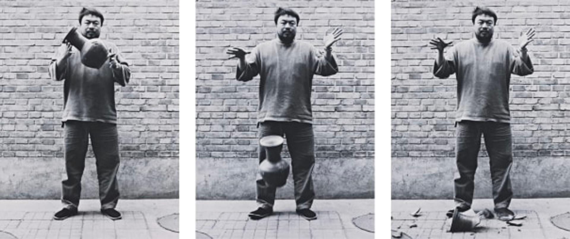 Three consecutive photographs of artist Ai Weiwei dropping an urn onto the floo