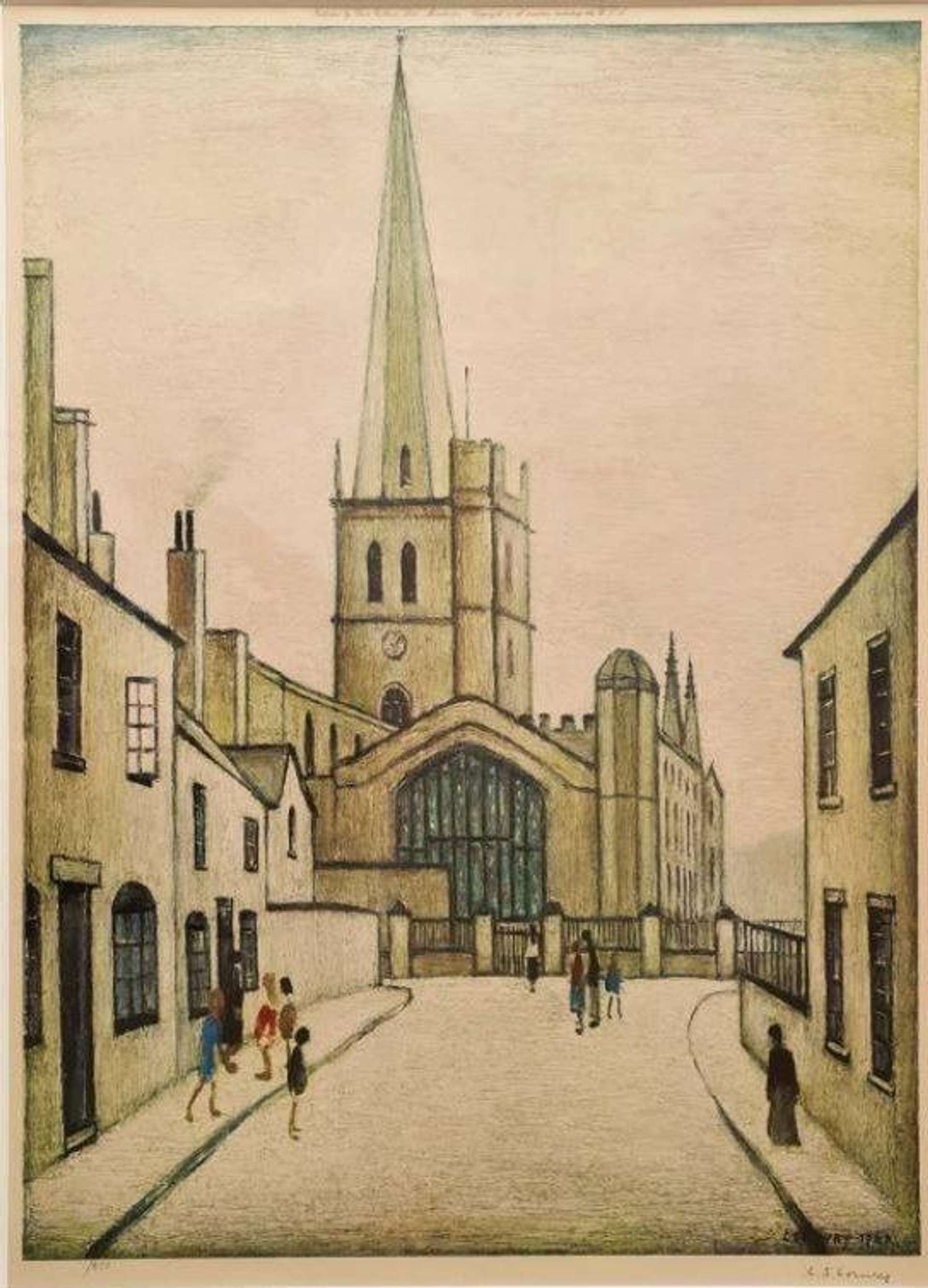 L.S. Lowry’s Burford Church. A lithograph of a landscape portrait of a church on a local street. L.S. Lowry’s Burford Church. A lithograph of a landscape portrait of a church on a local street. 