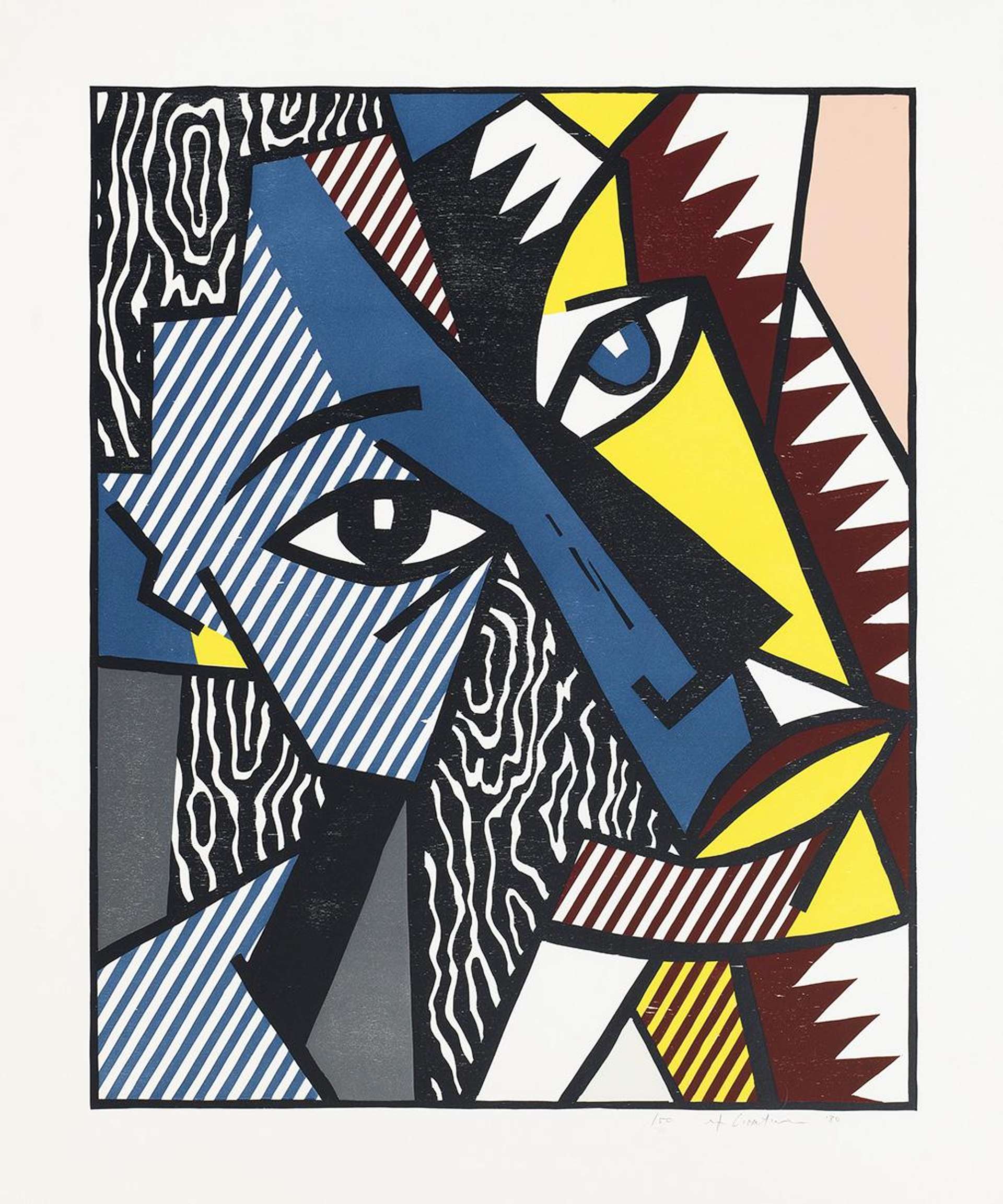 Head shows a sharply carved imprint of a face with its gaze turned upwards. Every element in the print is a different shape, adorned by various hues and patterns. The juxtaposition of the distinctly coloured forms, bold contours, smooth striped surfaces, simulated wood grains and the rough jagged lines.