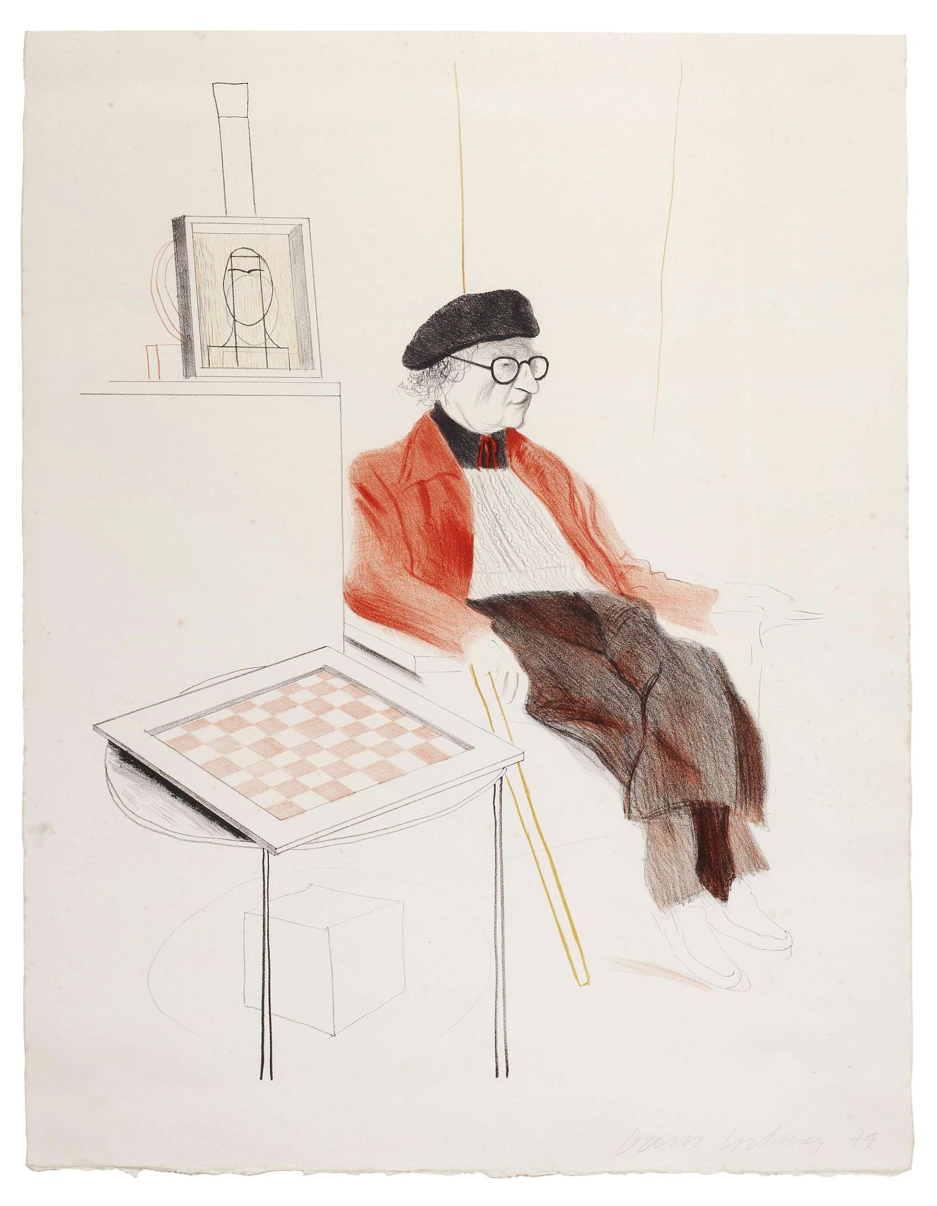 This print by Hovckney depicts Ray sitting in a chair, accompanied by his signature walking stick.
