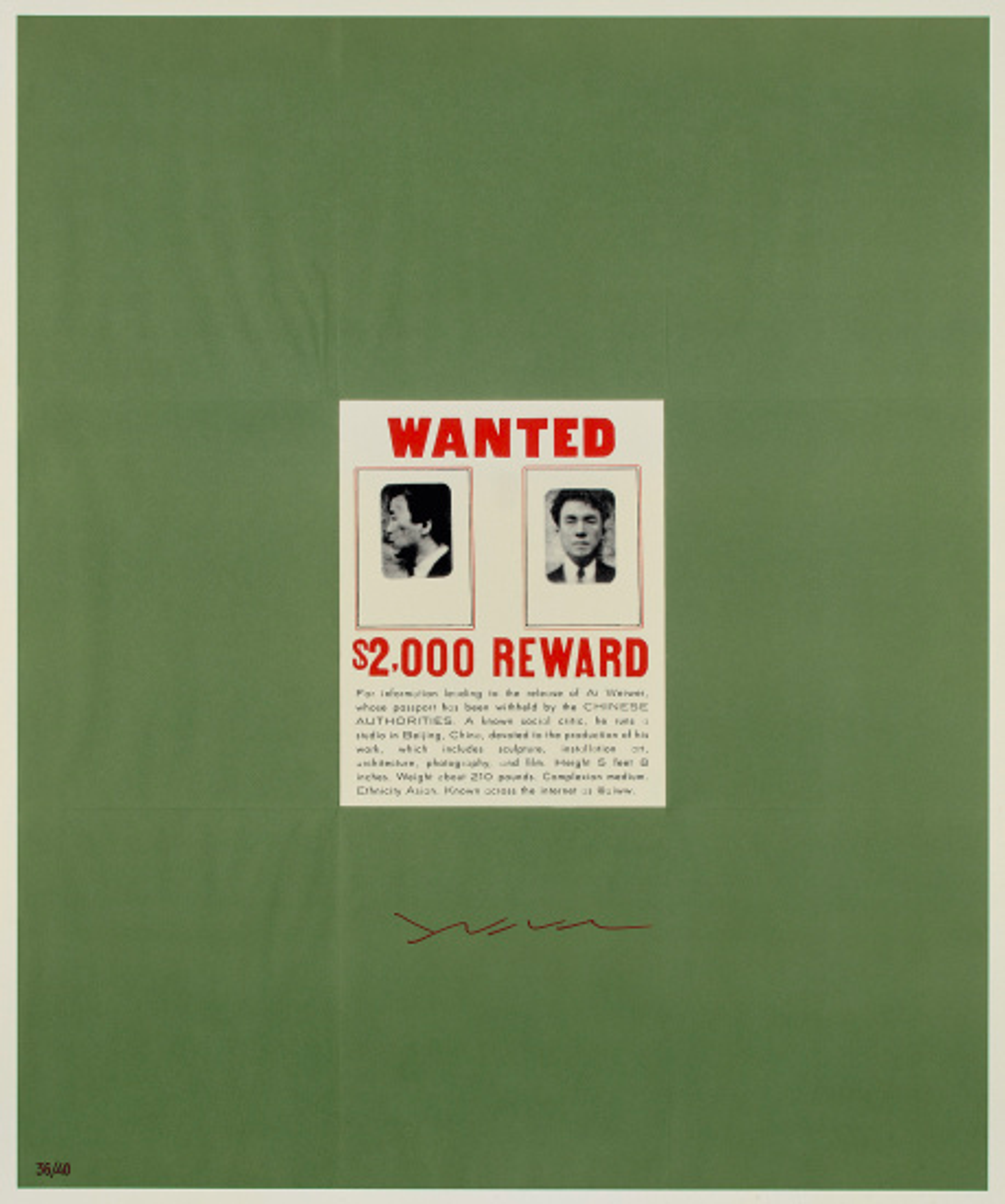 A cream 'Wanted' sign on a green background with two small images of a male side profile and male front profile and '$2,000 reward' in red and writing written beneath the images